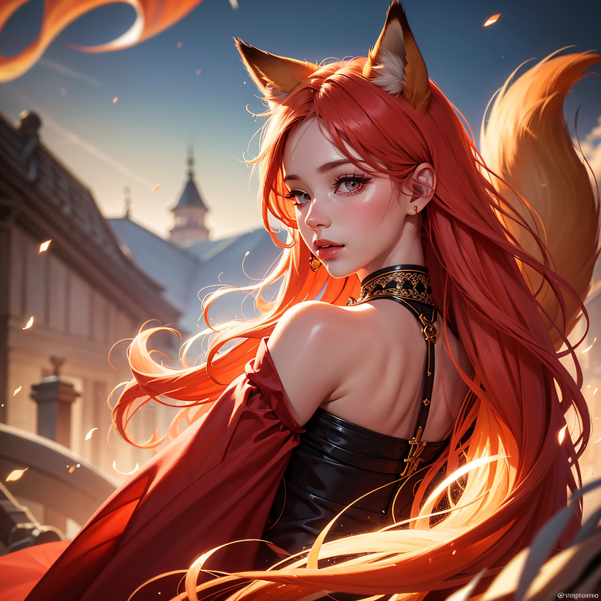 Beautiful fox girl, Arnouveau style, fondness, Fox ears, light red hair is very long, sunlight rays, airiness, grace, Floral ornament, artful, bites his lower lip, Fang in the mouth, chiffon, Close-up of the face, Silk, Correct eye proportions, Behind the fox tail, Expressive orange eyes, long eyelashes, plump wet lips, Texture skins for the face, A lot of air, higly detailed, Doubleexposure, 30 thousand......, hyper realisitc, Hi-Def, soft-lighting