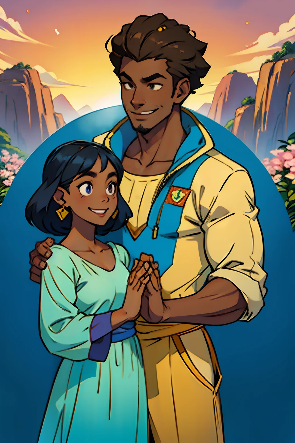 A dark skinned man and woman, smiling and giving a high five to each other, background is springtime hills, mood is diplomatic, regulated, daytime light, character design.