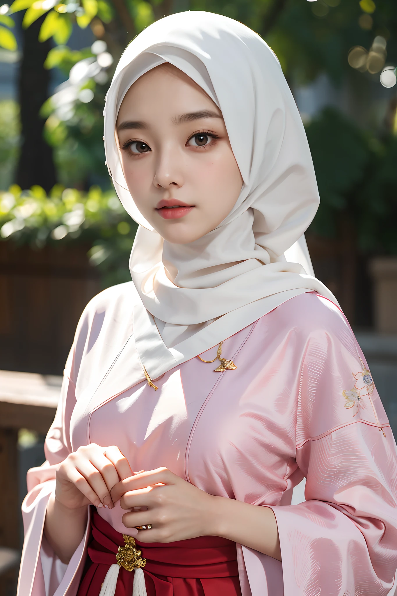 .Masterpiece:1.2, Best Quality), realisitic, (Real Pictures, intriciate detail, Depth of field), (1Girl, Solo), make up, parted lips, extremely highly detailed, perfect faces, (skindentation), glossy coral lips, (Girl in hijab, Islamic costume), blushing, Raiden Baal (Raiden Shoun) In Genshin Impact,detailed hands,