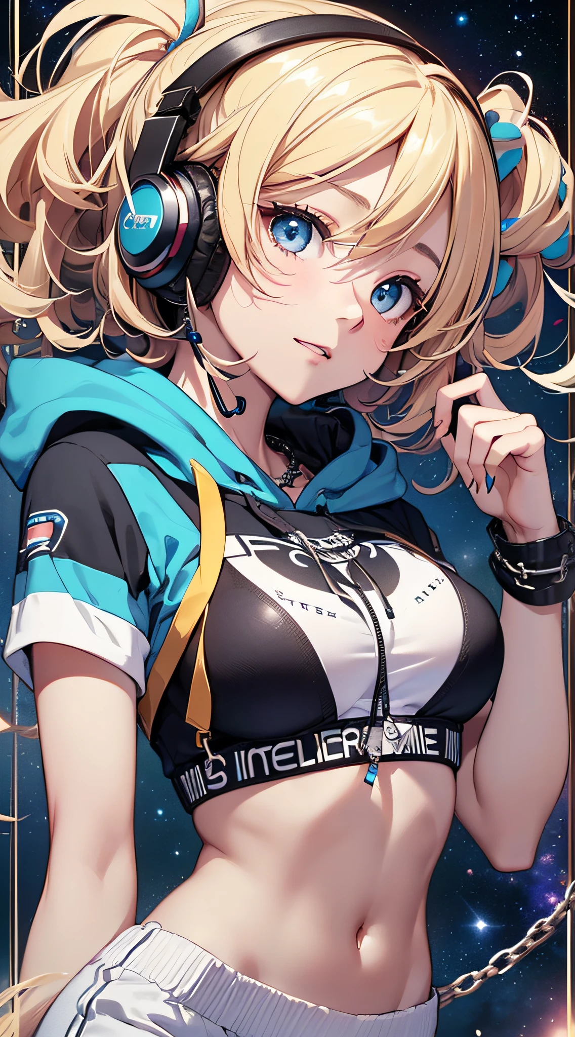 top-quality、Top image quality、masterpiece、girl with((18year old、Black navel exposes short sleeve hoodie、Sportsbra、White pants、Best Bust、Bust 90、a blond、disheveled semi-long、Blue eyes、open chest wide、Happiness、Chain Accessories、Put on headphones、Cosmic Accessories、weightless、looking upwards)hiquality、visualart、Background with(spaces、stele々、kosmos))、masutepiece、Best graphics、Super delicate