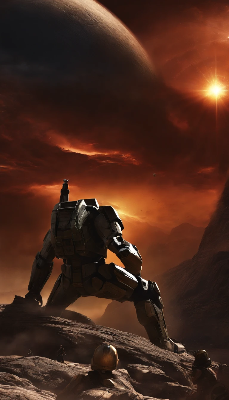 Create a text promptly I want to fight an epic battle between the Spartans of Halo and the clones of Star Wars against the Alliance of Halo on the left The good guys fight on the right side The bad guys as a background I want a half-destroyed world that belongs to the planet of Star Wars called Geonosis