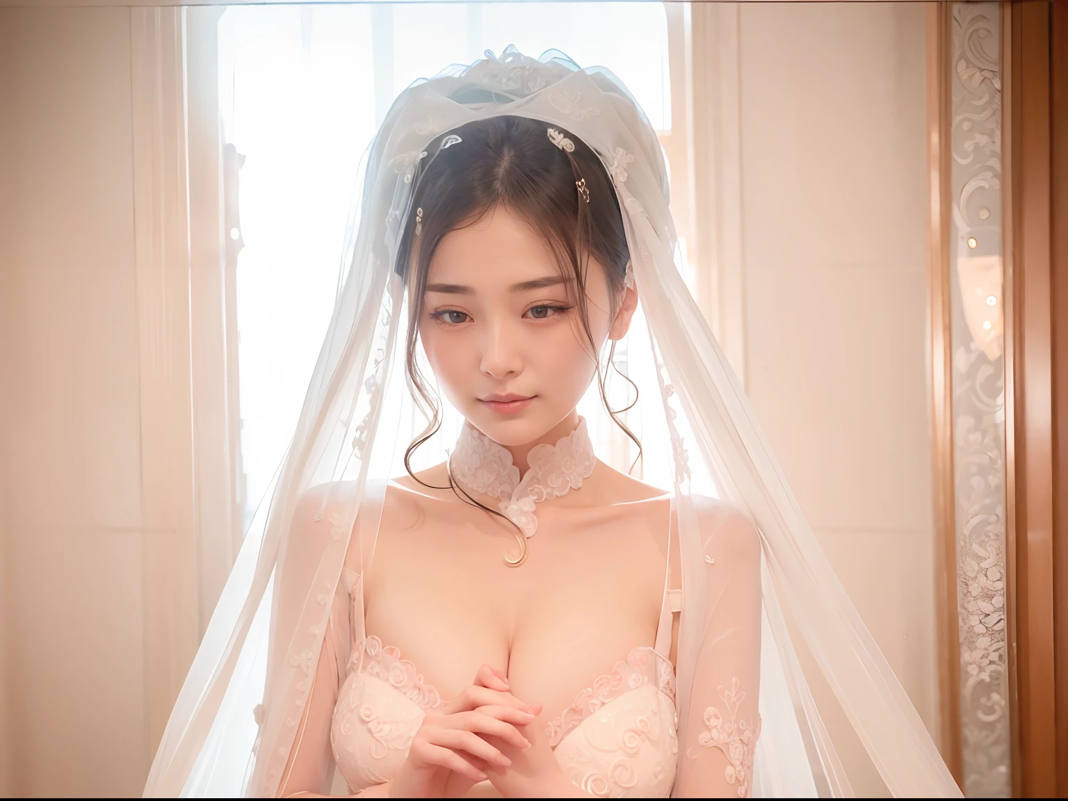 Close-up of a bride wearing a veiled wedding dress, shaxi, gong li, Lu Ji, Wu Liu, Yan, jia, kan liu, jiyun chae, ruan jia beautiful!, yuli ban, xue han, lulu chen, heise-lian yan fang, mariko mori, song hye - kyo, jen zee, wei wang