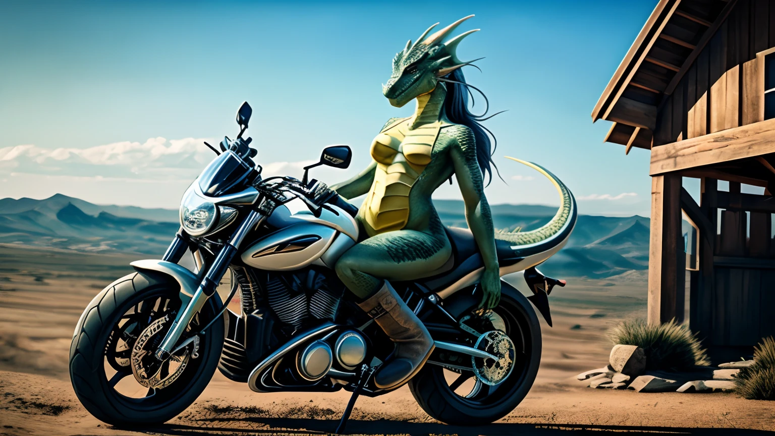 ((Subtle anthropomorphic dragoness in latex cat suite)), Sitting on a motorcycle, Women's, anthro, dragon/Lizard's head, scaly body,, in full growth, Slender breasts, long gray hair, small head, long neck, ((long legs, tail, high lace-up boots))