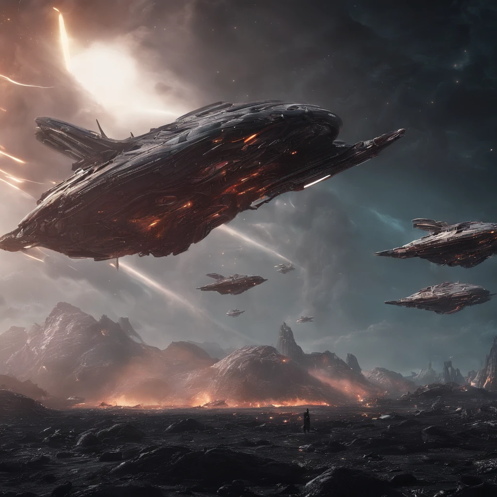 A cinematic scene, Dense warplanes attack spaceships,Destruction and volumetric lighting,Very detailed.)