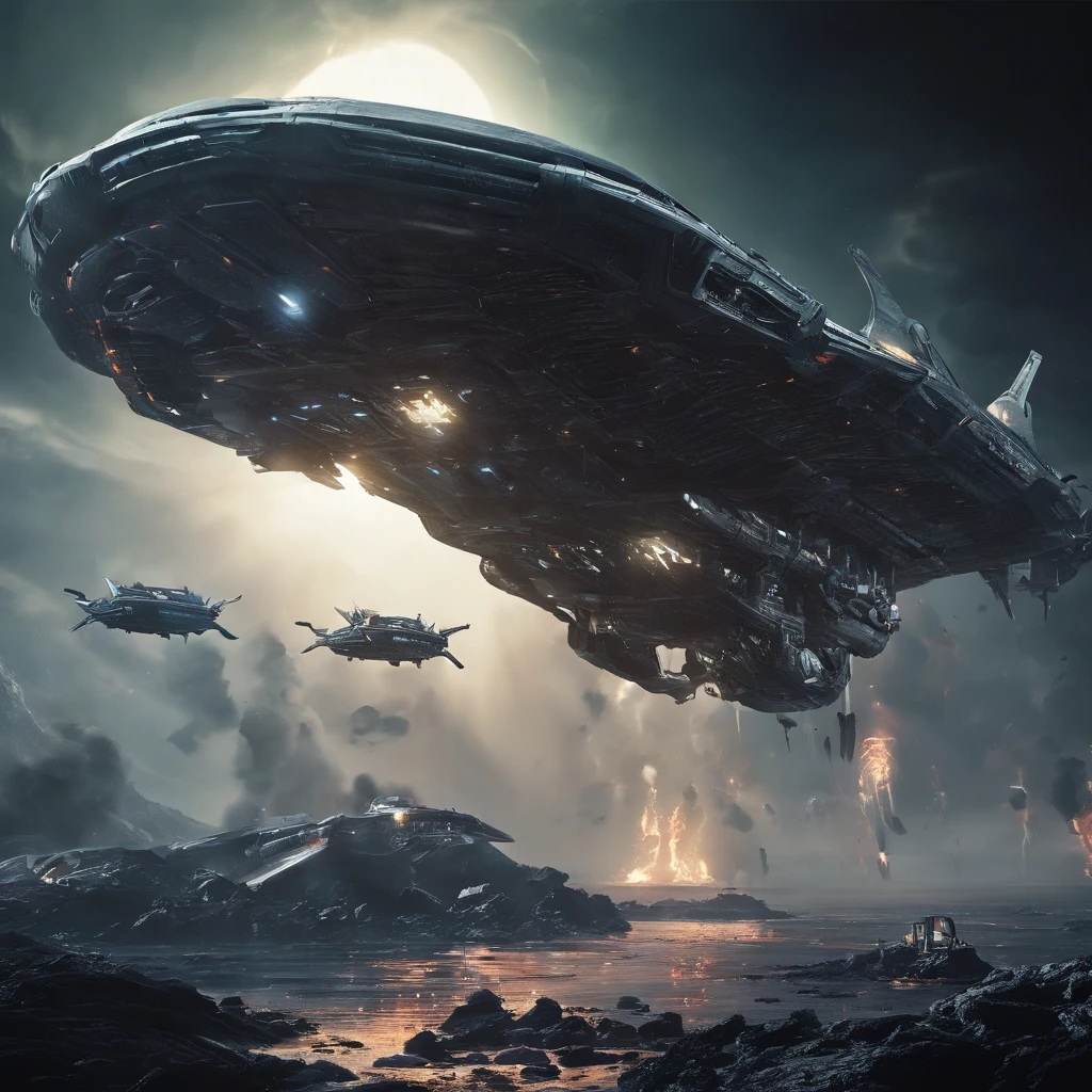 A cinematic scene, Dense warplanes attack spaceships,Destruction and volumetric lighting,Very detailed.)