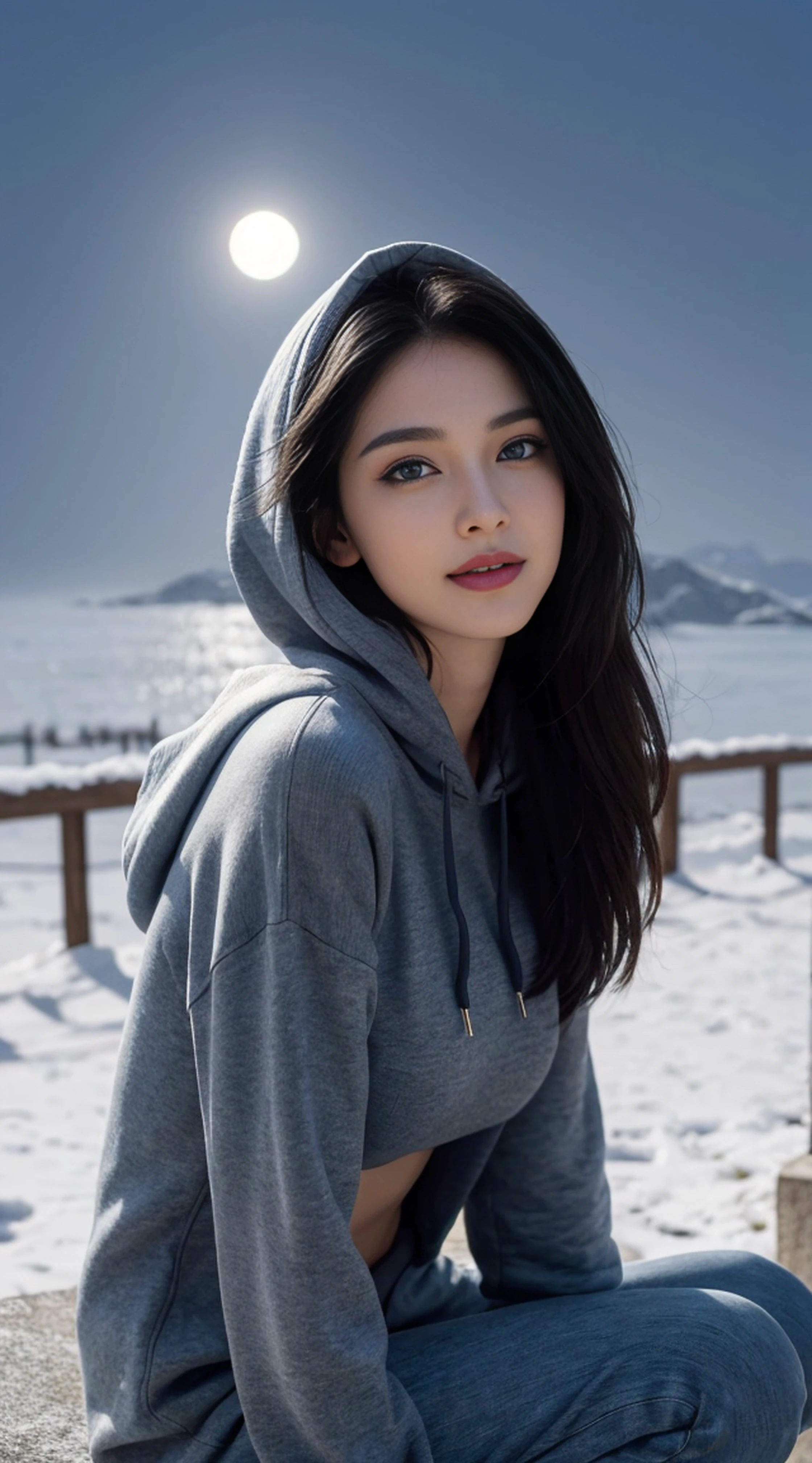 8K, Top Quality, Intricate Details, Ultra Detail, Ultra High Resolution, Masterpiece, random angle, Slender, Smile, (Makeup: 0.4), (Fluffy Blue Eyes: 1.21), blue Eyes, looking at viewer, ((full body)), 1girl, solo, 1 girl, (( full body)), close up shot, sitting, on side, ((tall)), (((fit body))), (((slim face))), sharp face, sharp eyes, (((black hair, long hair, )) (detailed face), sharp face, small lips,
((hoodie )), detailed face, detailed breast, , large breast, detail ass, , Beautiful girl with accentuated slender abs: 1.4, Six Pack Abs: 1.4, Bust Botox, Big, Perfect Body, detail leg, (( moonlight)), top of mountain