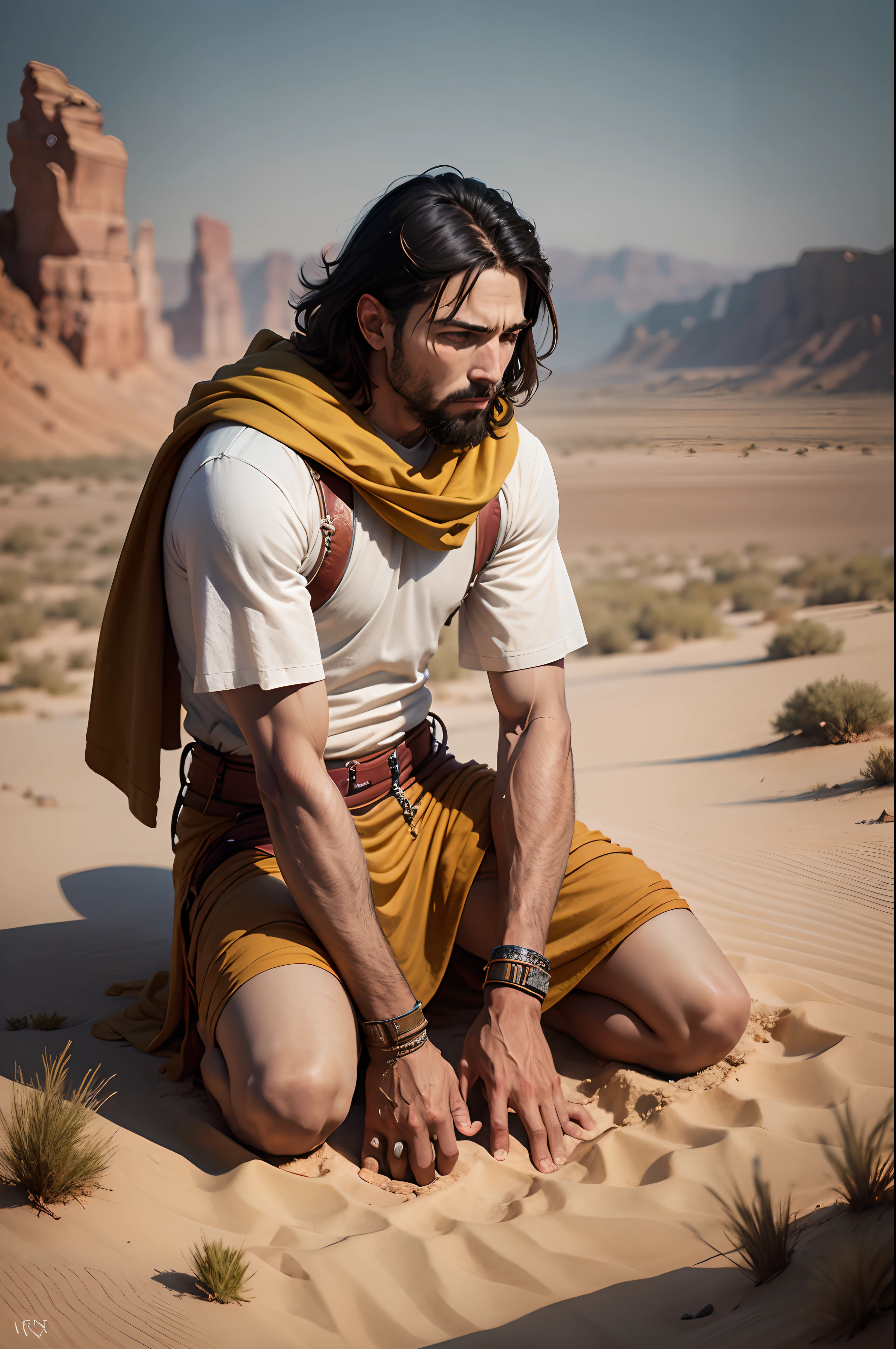 Joshua, Biblical character, kneeling, deserto, triste, olhando pra cima, arte realista
