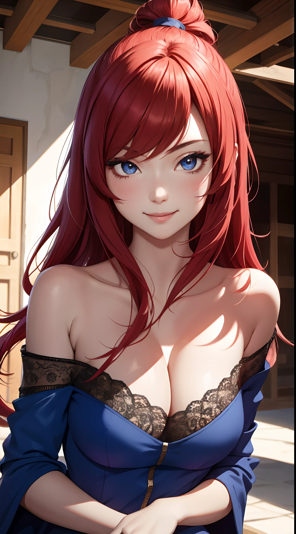 (Masterpiece), Expressive eyes, Perfect face, 1 girl, Smile, ，cleavage，red tinted hair，looks into camera，Blue clothes，Off-the-shoulder attire