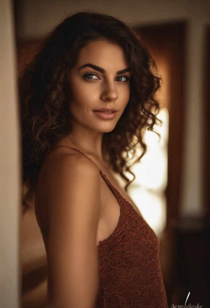 Arafed woman with matching tank top and panties, fille sexy aux yeux bruns, cheveux bruns et grands yeux, selfie of a young woman, Yeux de chambre, sans maquillage, maquillage naturel, looking straight at camera, Visage avec Artgram, Maquillage subtil, Superbe photo du corps entier, dans la chambre, clivage