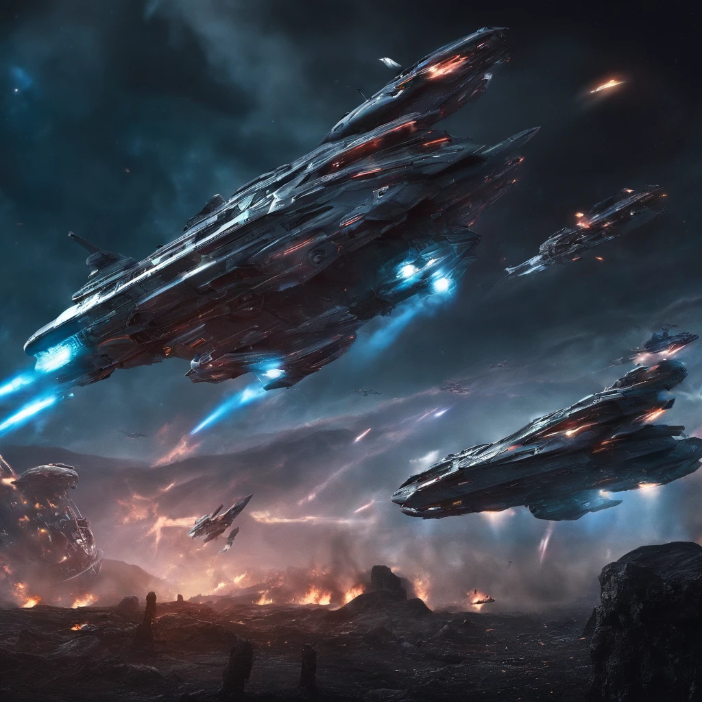 A cinematic scene， (Dense warplanes attack spaceships:1.2),Destruction and volumetric lighting,Very detailed.)
