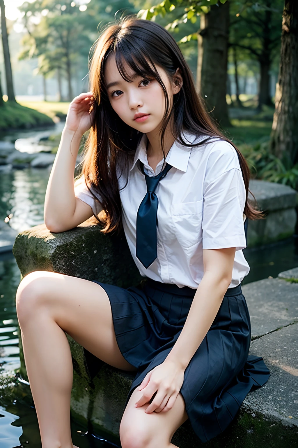​masterpiece:1.2、high-level image quality、high-detail、((Noise Reduction))１girl,Brown eyes、Beautiful double eyes、a small nose、small mouth、Beautuful Women、A well-formed and beautiful face、length hair、Cute Beautiful Girl、hi-school girl、full bodyesbian、mystical forest、Deep fog、Fantastic blue swamp、the morning sun、Sunlight、Contre-Jour、Hair glowing in the backlight、Soft light、School Uniforms、white skirt