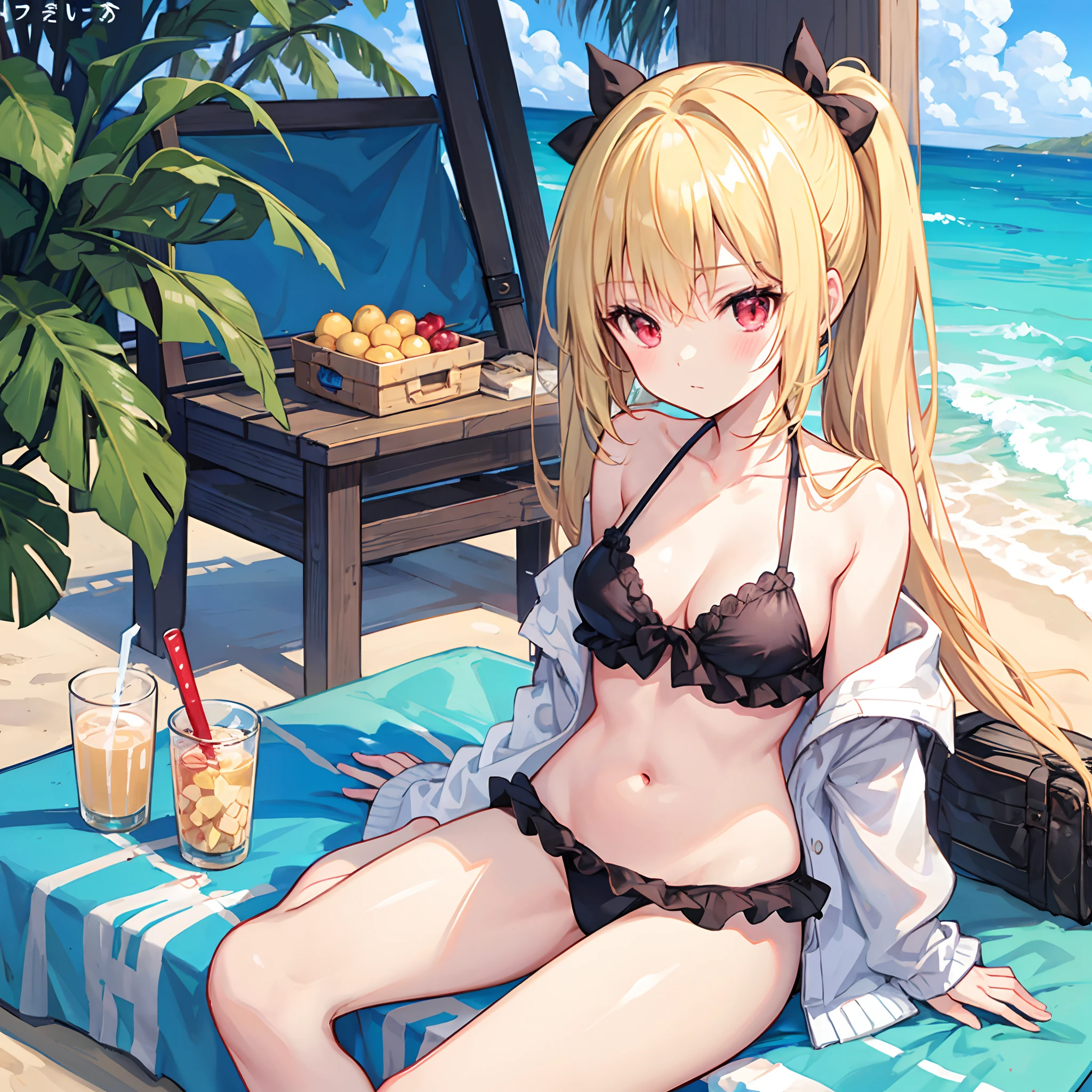 poneyTail、a blond、red eyes、Beautiful girl alone、The bikini、gravure、sitting on、the beach