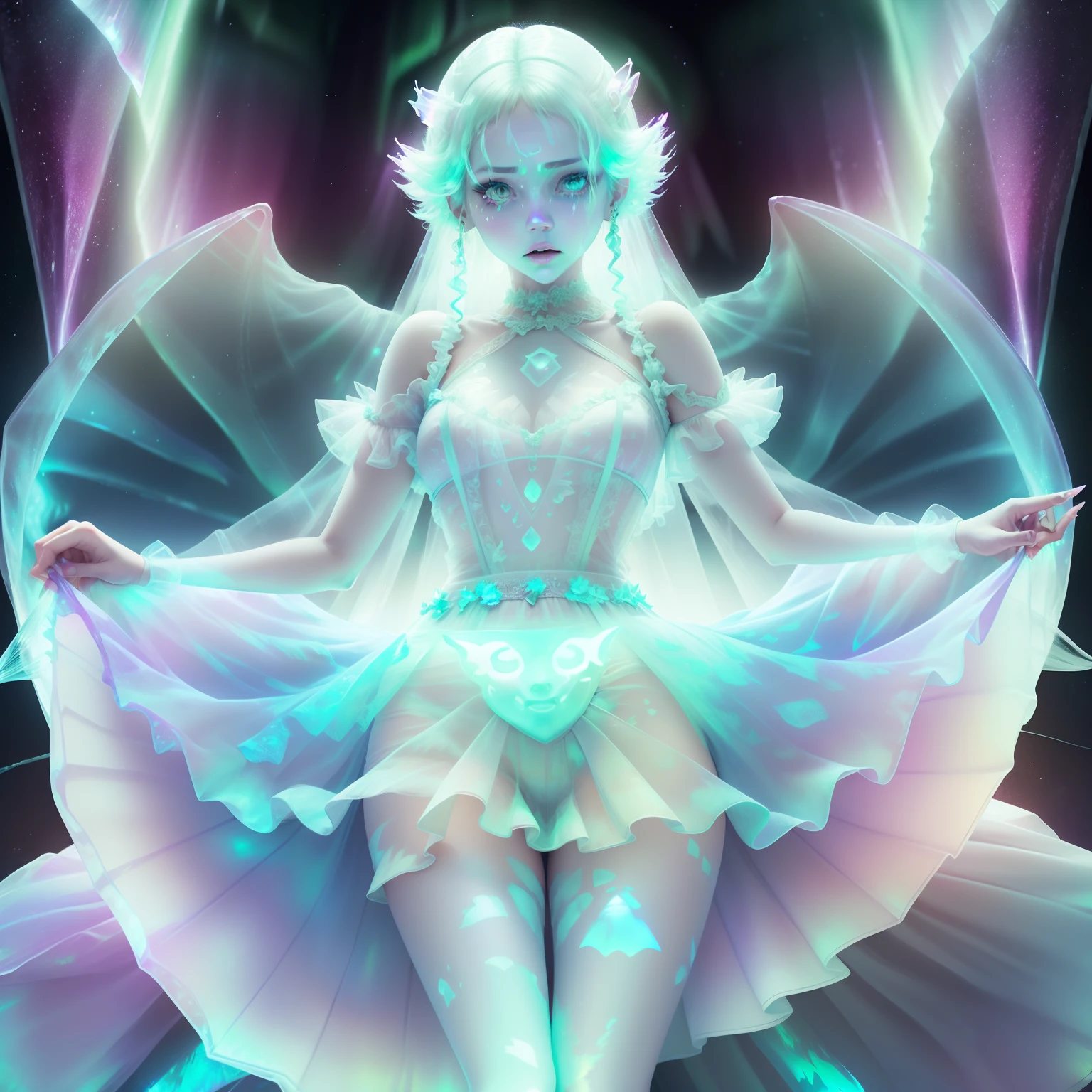 Illustration of a woman wearing an aurora borealis、A woman who combines creepiness and beauty、Atrocious、offensive、brutality、(ruthless look:1.5)、Aurora Body、(Translucent Aurora skirt:1.8)、(Translucent Aurora Dress:1.8)、Full body