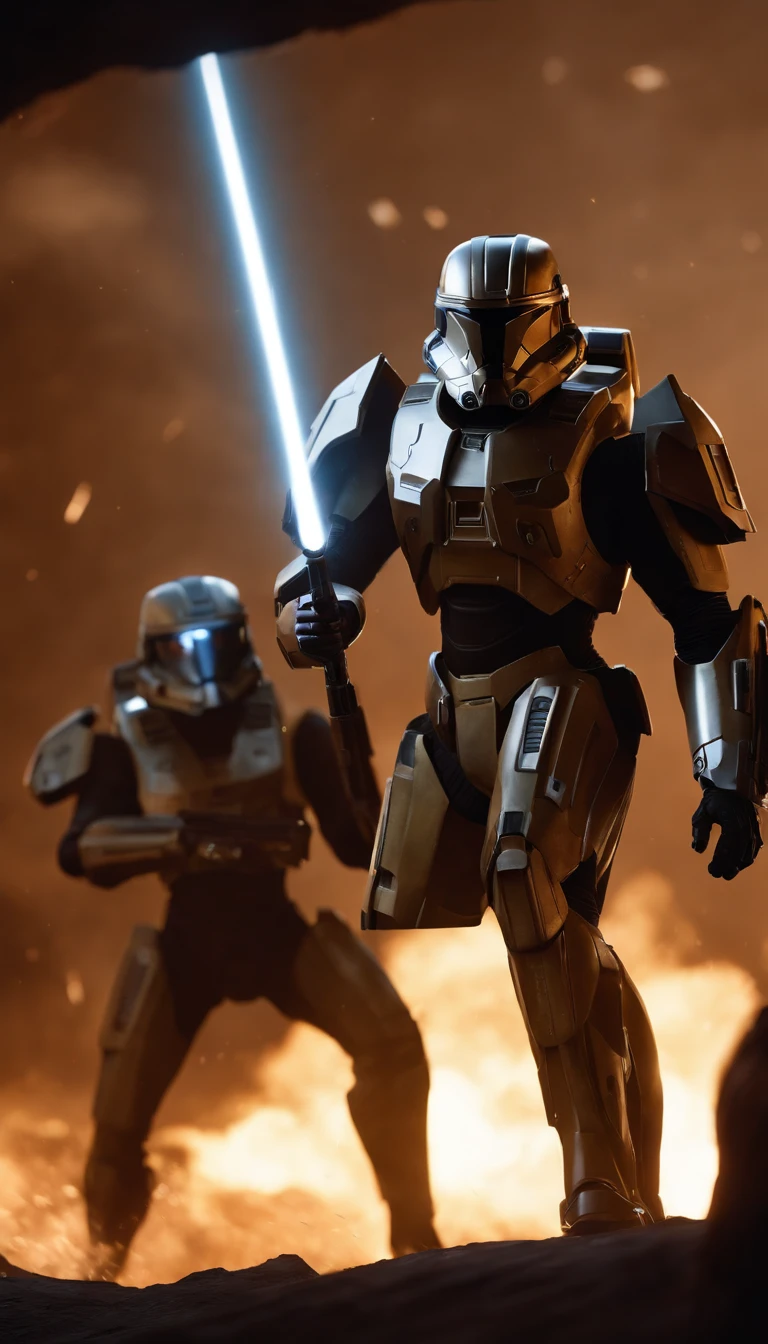 Create a text promptly I want to fight a fierce battle on the ring of Halo to Spartans and clones of Star Wars against the Alliance of Halo and the droids of Star Wars in 8K Unreal Engine 5