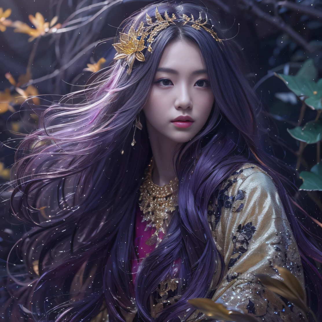 Genki Girl 32K（tmasterpiece，k hd，hyper HD，32K）Long flowing bright purple hair，Autumn Pond，zydink， a color，  Asian people （Genki girl）， （Silk scarf）， Combat posture， looking at the ground， long whitr hair， Floating bright purple， Fire cloud pattern gold tiara， Chinese long-sleeved gold silk garment， （Abstract metaverse splash：1.2）， white backgrounid，Lotus Vitality Protector（realisticlying：1.4），Bright purple hair，Smoke on the road，The background is pure， A high resolution， the detail， RAW photogr， Sharp Re， Nikon D850 Film Stock Photo by Jefferies Lee 4 Kodak Portra 400 Camera F1.6 shots, Rich colors, ultra-realistic vivid textures, Dramatic lighting, Unreal Engine Art Station Trend, cinestir 800，A girl with flowing bright purple long hair