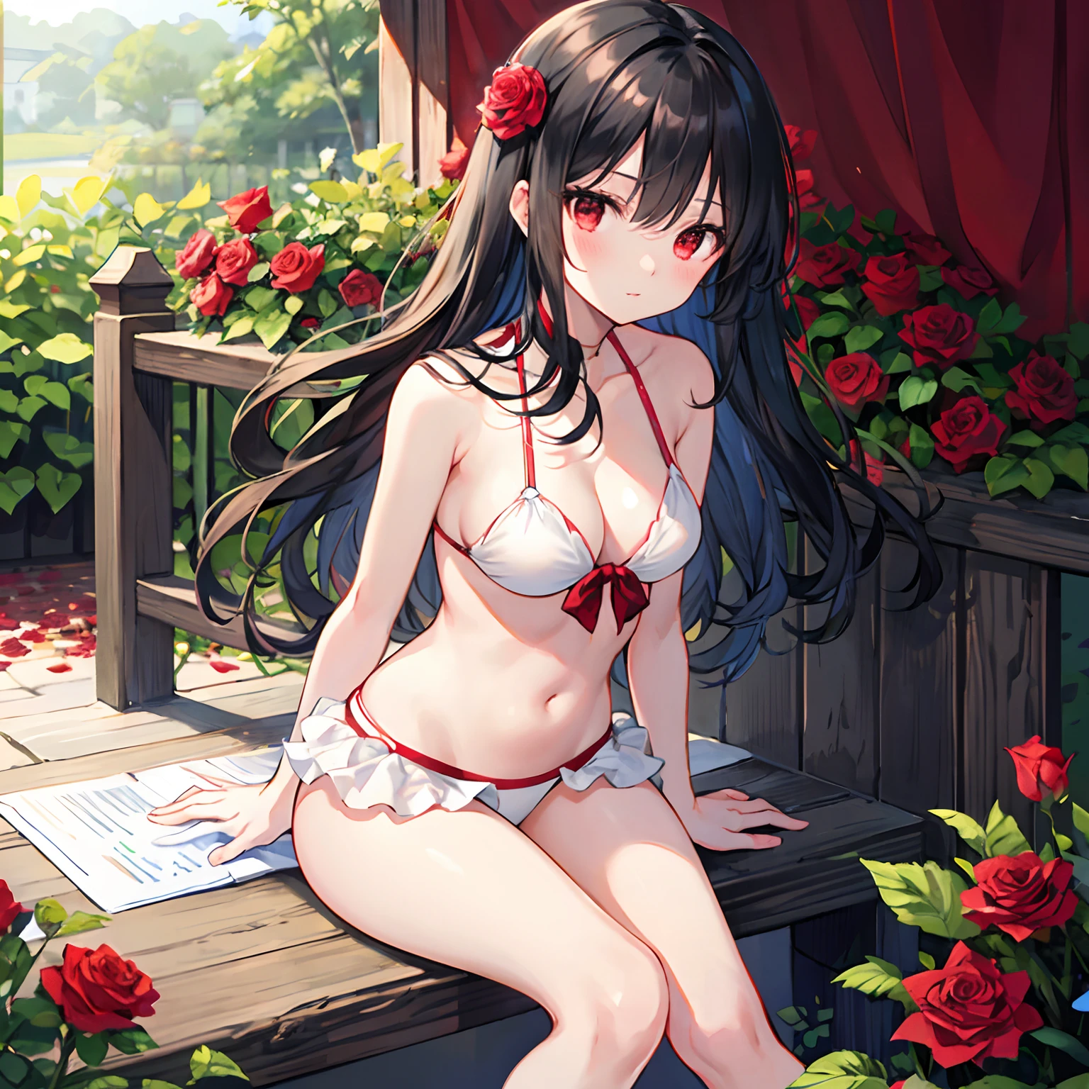 Wavy black hair、red eyes、Beautiful girl alone、a white bikini、Bright red rose garden、 sitting on