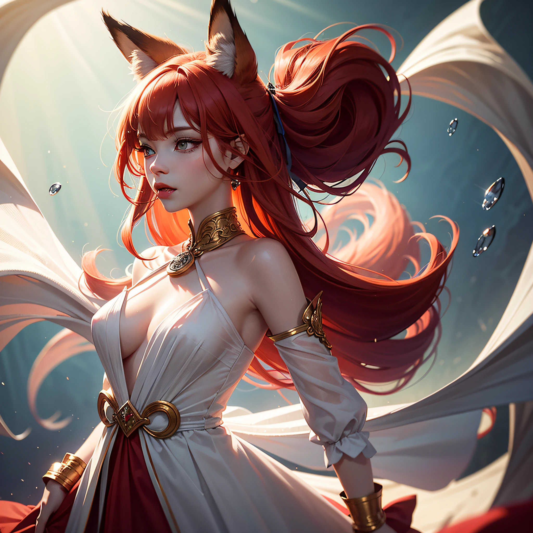 Beautiful fox girl, Arnouveau style, fondness, Fox ears, light red hair is very long, sunlight rays, airiness, grace, Floral ornament, artful, bites his lower lip, Fang in the mouth, chiffon, close up face, Silk, Correct eye proportions, Expressive orange eyes, long eyelashes, plump wet lips, Texture skins for the face, A lot of air, higly detailed, Doubleexposure, 30 thousand......., hyper realisitc, Hi-Def, soft-lighting