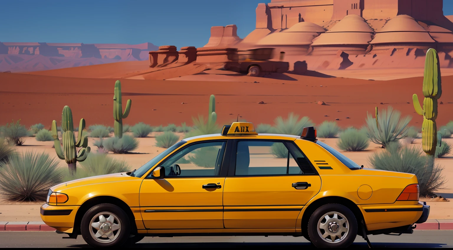 2d, side view of a taxi parked near the pavement, arizona desert
