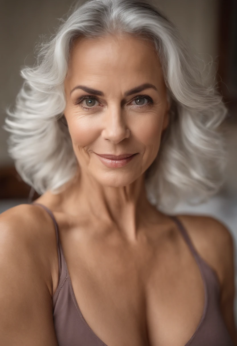 Full Body Shot, beautiful photo, Slim 55 year old, Short flip style curly grey hair, blue eyes, fine grain, Big breasts in black lace push up bra, Realistic skin with pores and blemishes, Pale skin, Look confident, casual, jeans, boots, Wrinkle、freckles、Big sexy cleavage, Signs of Aging Jane Birkin lookalike, Blurred loft apartment setting with dramatic light