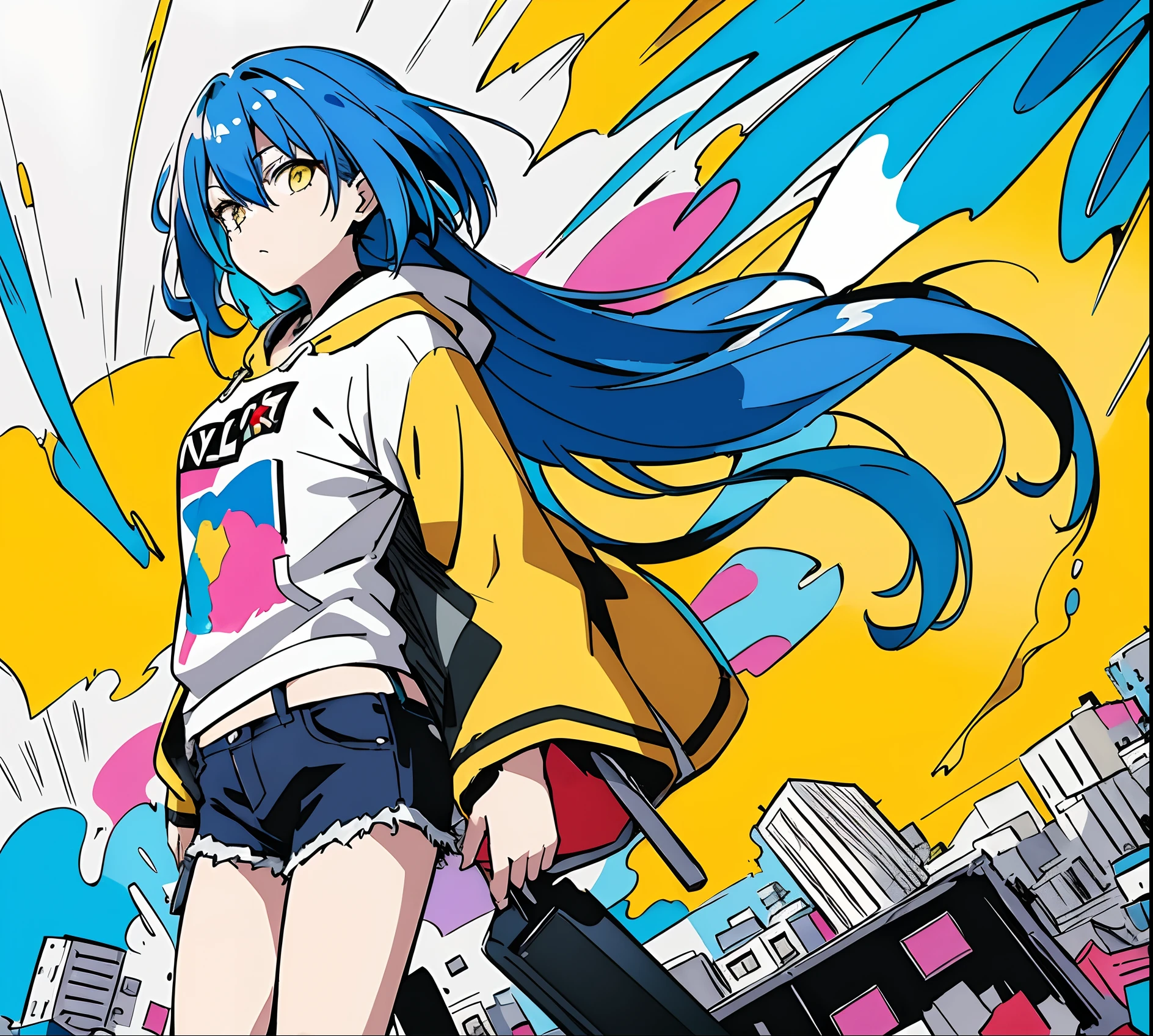 (masterpiece:1.3), (the best quality:1.2), (super fine illustrations:1.2), (Masterpiece), high quality, high detail, ((unparalleled masterpiece, best quality, perfect artwork)),
high contrast, flat color, splashes of color, colors mashing, Colorful paint explosion pattern, explosion background, broken colorful glass,
fall in city, heavy rain, block of water, noon city, big explosion, afternoon, 
falling girl, long hair, medium breasts size, blue hair, yellow eyes, looking at another,
[(pale blue and yellow background:1.1)::5], [(game character portrait:1.2):5], (falling over:1.2), falling down, (tripped), {hands hidden}, {{{hands in pockets}}},{{hands in sleeves}}
stumble, from side, hoodie, jeans, make hands close, 
colorful color here and there,  Colorful paint explosion pattern,
strange sky,
(illustration:1.2), very wide shot, (line drawing:1.2), {{only five fingers}}