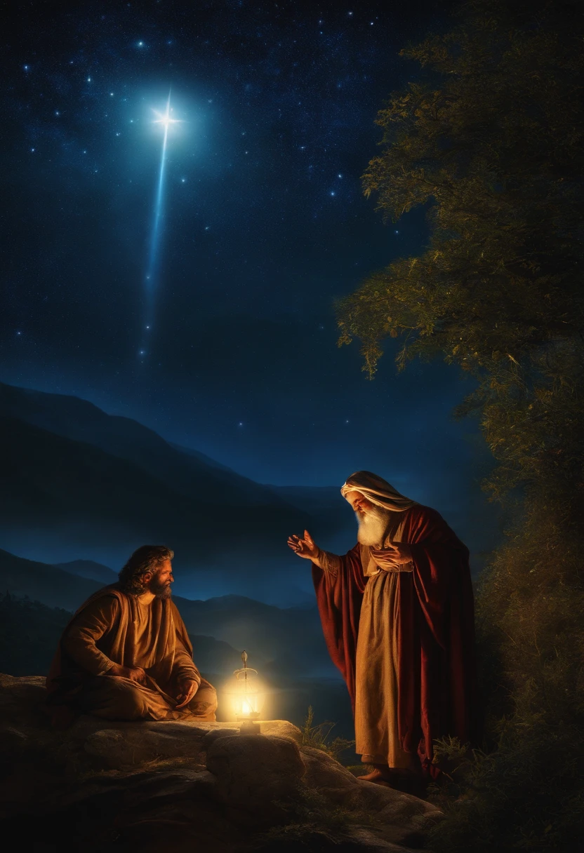 "Artistic depiction of Abraham receiving divine instructions to leave your, sua cidade natal, with a starry sky in the background."
