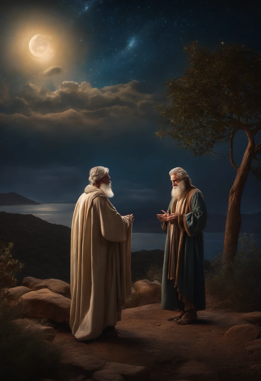 "Artistic depiction of Abraham receiving divine instructions to leave your, sua cidade natal, with a starry sky in the background."