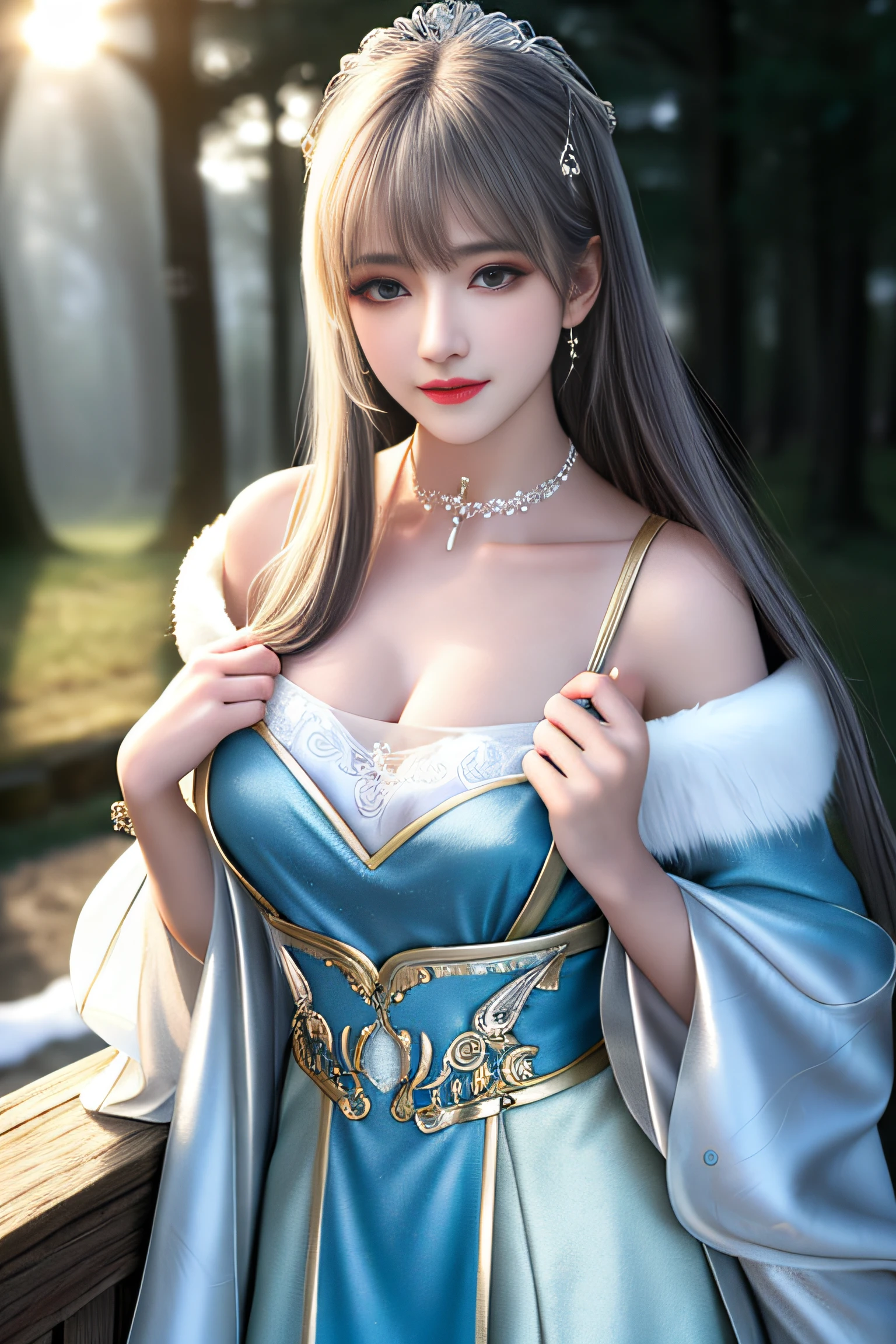 best qualityer，8K， tmasterpiece， A high resolution， 1girll， Clear silk porcelain dress， Fur coat， hair adornments， ssmile， Keep one's mouth shut， cparted lips，Large breasts，Shoulder， shift dresses， hair adornments， choker necklace， jewely， Chinese outfit， long whitr hair， 耳Nipple Ring， Detailed beautiful eyes， detailed eyelashes， beautiful  face，after sexing_Body， Tyndall effect，realisticlying， edge lit， twotonelighting，（highdetailskin：1.2）， 8K, Ultra HD， digital SLR camera， gentle illumination， high high quality， Volumetriclighting， Frankness， photore， A high resolution， Bokeh， at a forest， Falling snow， Winters， in the afternoon