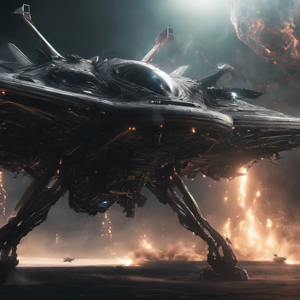 A cinematic scene, Dense warplanes,Destruction and volumetric lighting,Very detailed