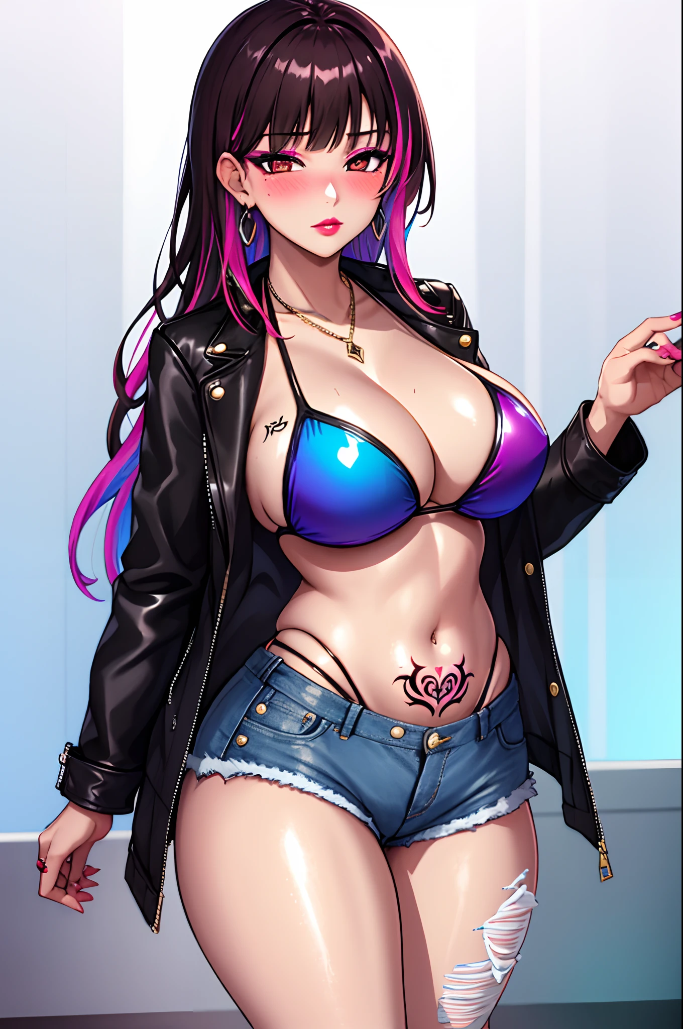 masterpiece, best quality, 1girl, solo, (upper body), nishizumi shiho, blunt bangs, makeup, expressionless, cleavage, whore outfit, blushing, fat lips, lipstick, curvy body, bikini top, jacket, jeans pants, short shorts, navel, tattoo, (nightclub), club, shiny floor, colorful, ray tracing,