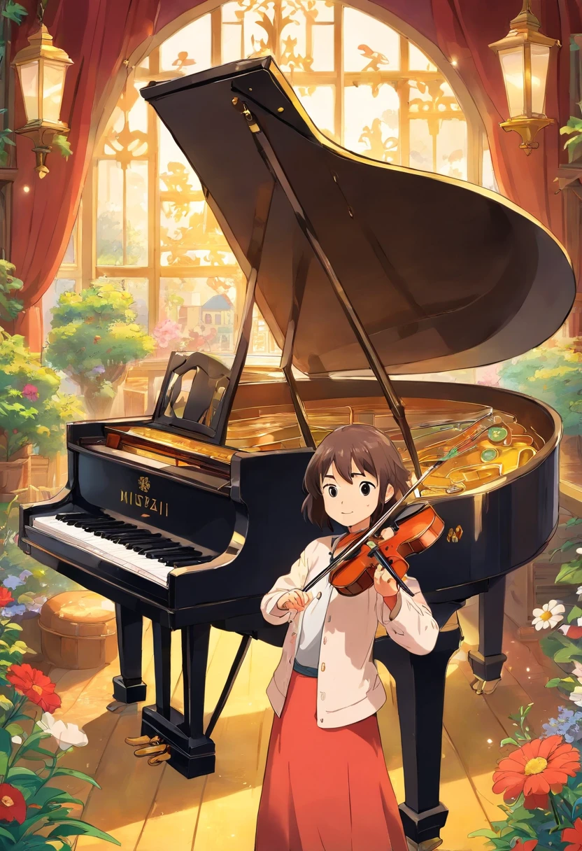 Draw a music festival poster，There is a piano on it，violin，Elements of musical notes