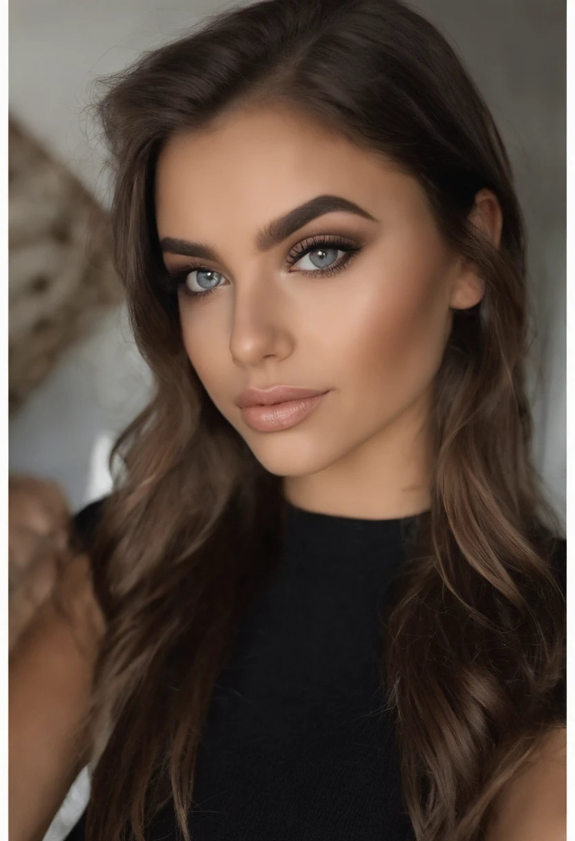 Arafed Mujer con camiseta negra sin mangas y bragas a juego, Chica sexy con ojos marrones, ultra realista, meticulosamente detallado, Retrato Sophie Mudd, brown hair and large eyes, selfie de una mujer joven, Ojos del dormitorio, Violeta Myers, sin maquillaje, Maquillaje natural, staring directly into camera, cara con artgram, maquillaje sutil, Impresionante foto de cuerpo completo arrodillado en la cama, En el dormitorio, Medium to large size bust