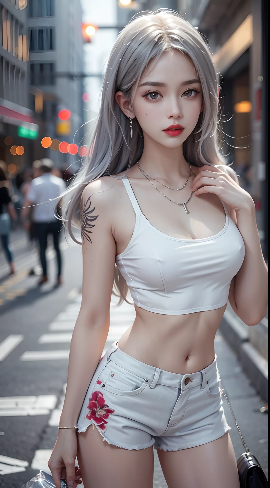 Urban beautiful girl college student, masterpiece, light makeup, red lips, silver hair, messy long hair, street background, beautiful, elegant. Ultra-fine details, master works, real texture, cinematic lighting realism, perfect work, 8k, HD, exquisite facial features, white tight open-cut top, transparent white tight shorts, slim figure, bright big eyes, smooth skin, earrings, necklace, tattoos