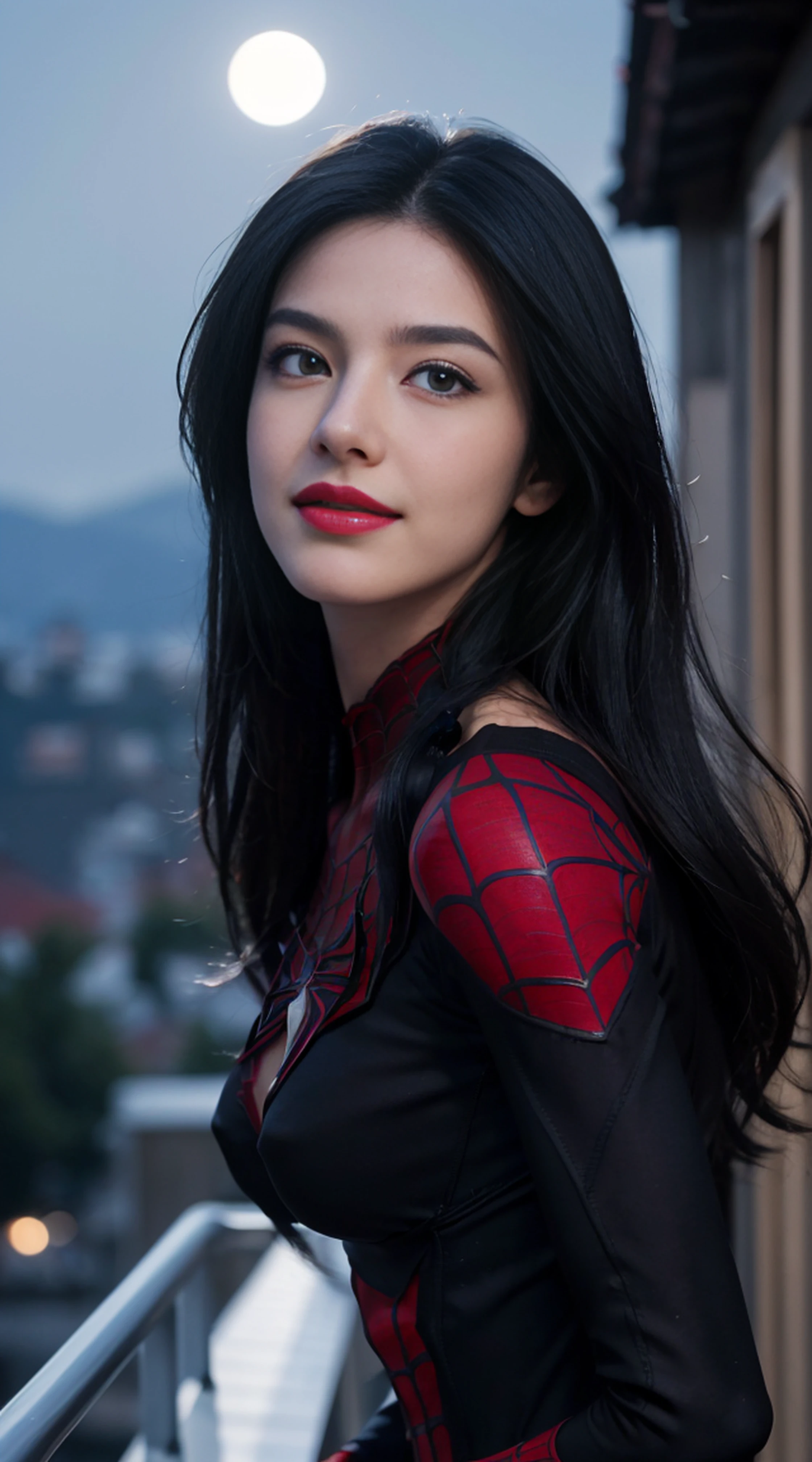 8K, Top Quality, Intricate Details, Ultra Detail, Ultra High Resolution, Masterpiece, random angle, Slender, Smile, (Makeup: 0.4), (Fluffy Blue Eyes: 1.21), blue Eyes, looking at viewer, ((full body)), 1girl, solo, 1 girl, (( full body)), close-up shot, , ((tall)), (((fit body))), (((slim face))), sharp face, sharp eyes, (((black hair, long hair, )) (detailed face), sharp face, small lips,
((spiderman suit)), detailed face, detailed breast, , large breast, detail ass, , Beautiful girl with accentuated slender abs: 1.4, Six Pack Abs: 1.4, Bust Botox, Big, Perfect Body, detail leg, (( moonlight)), top of mountain