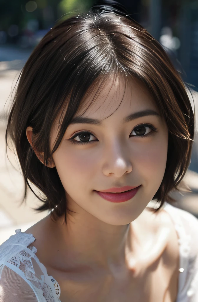 Best Quality, masutepiece, 超A high resolution, (Photorealistic:1.4), 1girl in, Solo, Realistic, Short hair, Portrait, Brown eyes, Smile, Black hair, Looking at Viewer, Closed mouth