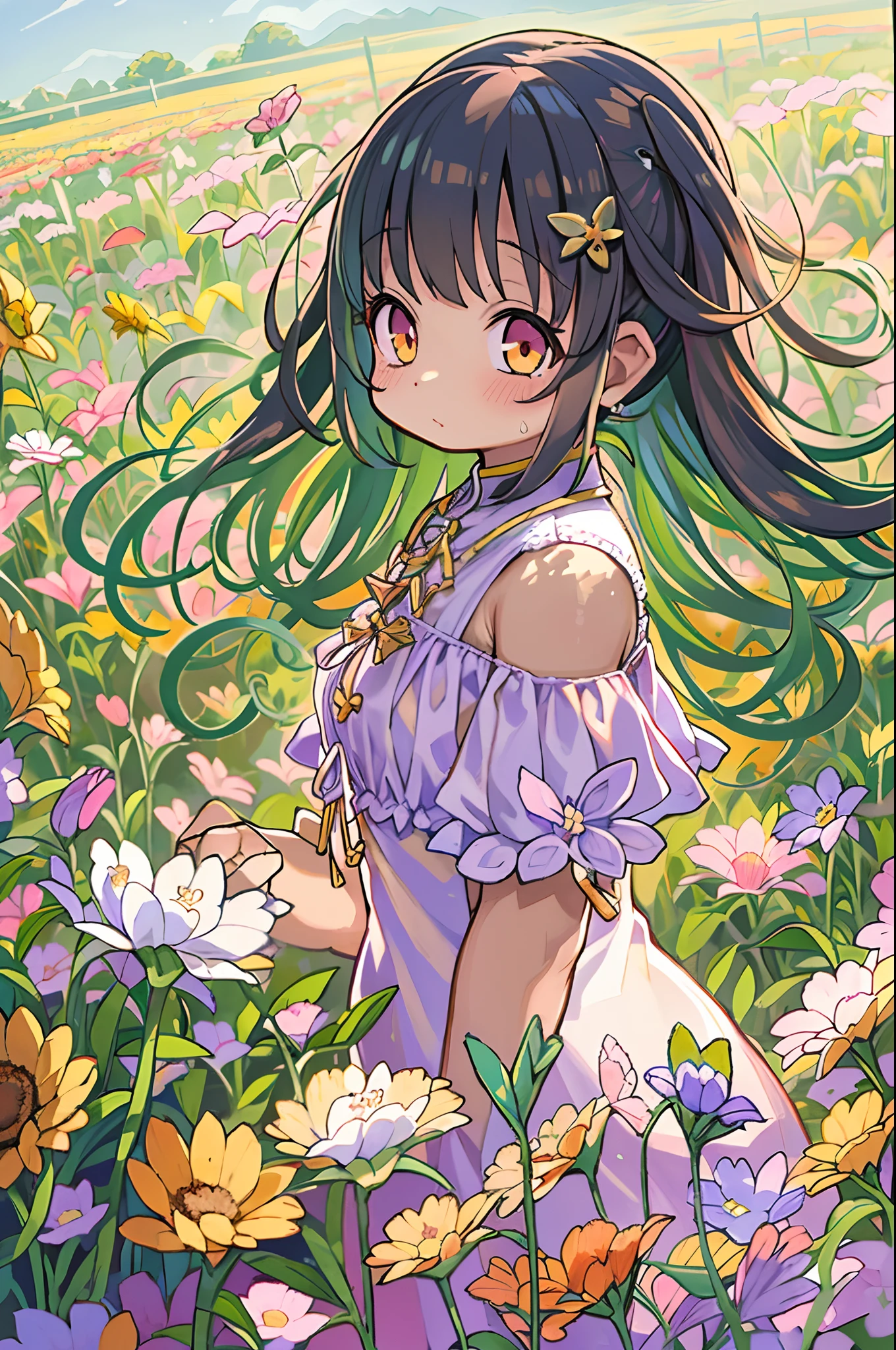 There is a girl standing in a flower field and looking up at the sky, Girl Standing In A Flower Garden, girl walking in flower field, Lost in Dreamy Wonderland, stands in a flowering field, Awesome digital painting, Sky is Xu々It will be sunny to, Starry sky is Xu々Retreat to