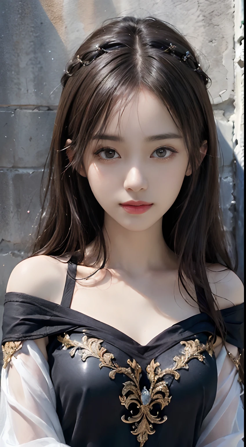 (ultra-realistic realism)、(illustratio)、(A high resolution)、(8K)、(The is very detailed)、(Best Illustration)、(Beautifully detailed eyes)、(top-quality)、(ultra - detailed)、(tmasterpiece)、(the wallpaper)、(A detailed face)、独奏、1 girl in、looking at viewert、finedetail、A detailed face、in the darkness nigth、deep shading、low tune、pureerosfaceace_V1、A smile、Long、Black shawl straight hair、46-point diagonal bangs, (Silk dress、long skirt)(cropped shoulders)The view of the castle、、Stand against the wall