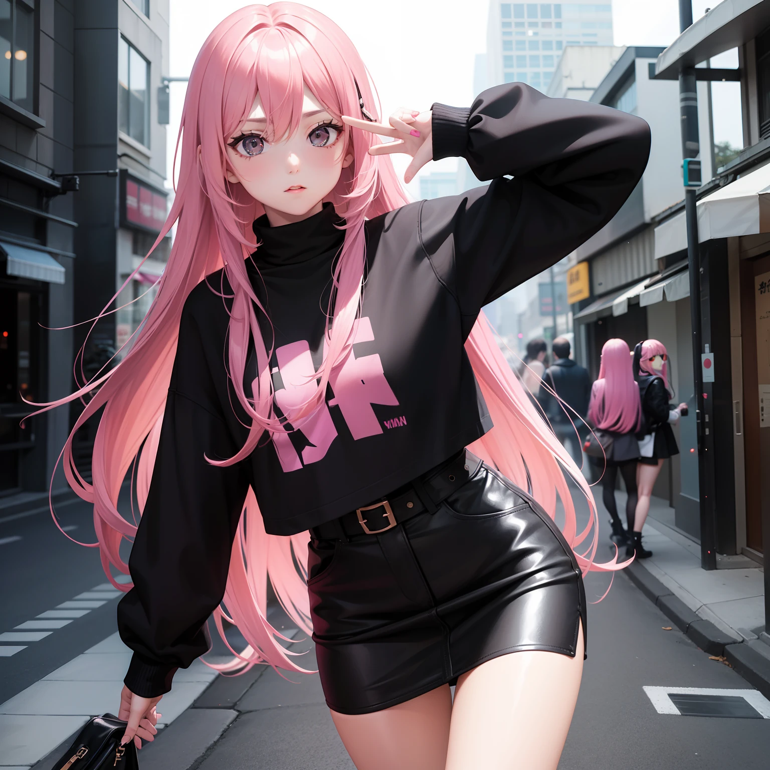 Leader of Runaway Bad Girl, Long Black Jumper, a cool、a miniskirt, Long pink hair, Looking at the viewer, Front view,