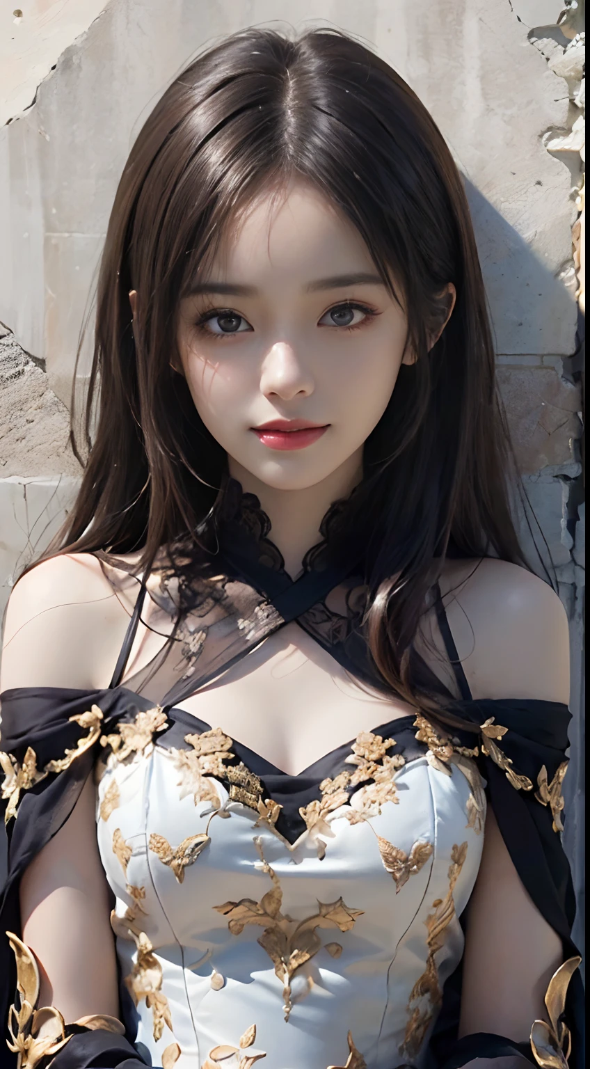 (ultra-realistic realism)、(illustratio)、(A high resolution)、(8K)、(The is very detailed)、(Best Illustration)、(Beautifully detailed eyes)、(top-quality)、(ultra - detailed)、(tmasterpiece)、(the wallpaper)、(A detailed face)、独奏、1 girl in、looking at viewert、finedetail、A detailed face、in the darkness nigth、deep shading、low tune、pureerosfaceace_V1、A smile、Long、Black shawl straight hair、46-point diagonal bangs, (Silk dress、long skirt)(cropped shoulders)The view of the castle、、Stand against the wall