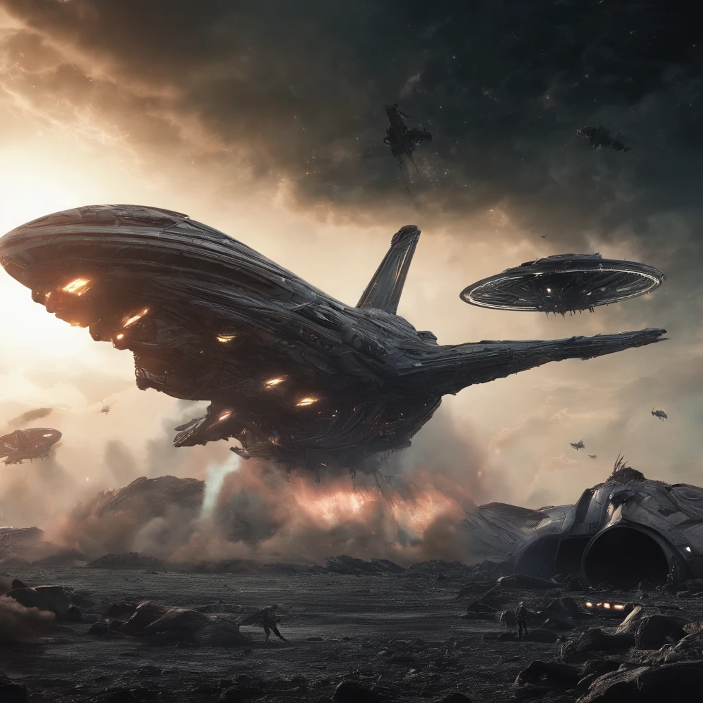 A cinematic scene， Airplanes attack spacecraft,Destruction and volumetric lighting,Very detailed