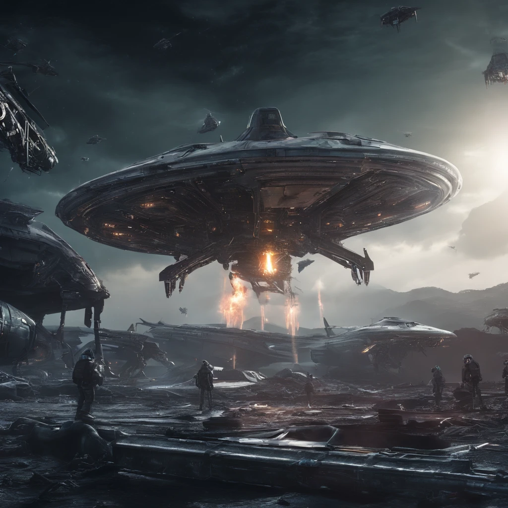 A cinematic scene, Airplanes attack spacecraft,Destruction and volumetric lighting,Very detailed