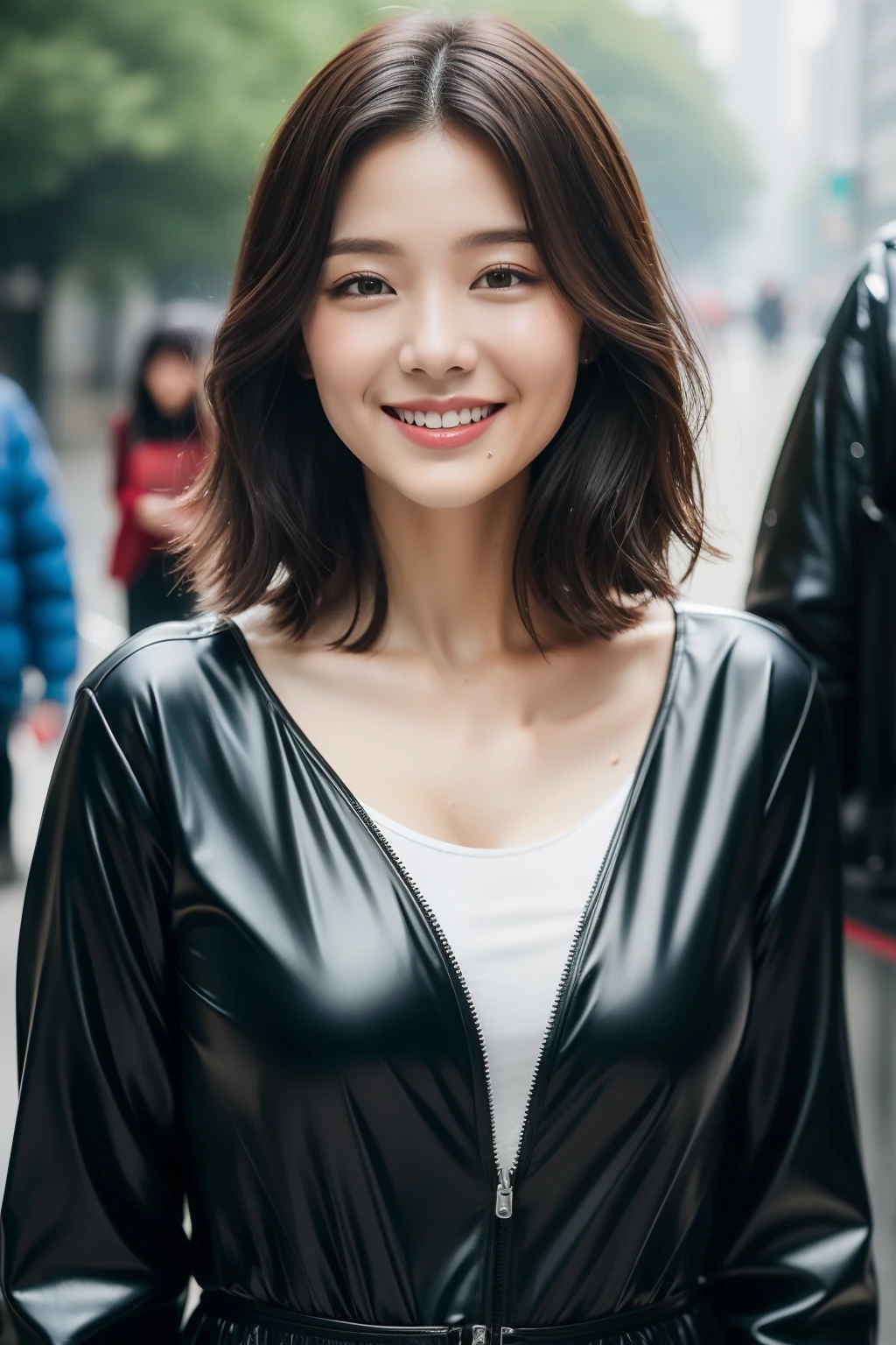 ((Best Quality, 8K, Masterpiece:1.3)), Focus: 1.2, Perfect Body Beauty: 1.4, Buttocks: 1.2, ((Layered Haircut, Breasts: 1.2)), (Wet Clothes: 1.1), (Rain, Street:1.3), Bandeau Dress: 1.1, Highly Detailed Face and Skin Texture, Fine Eyes, Double Eyelids, Whitening Skin, Long Hair, (Shut Up: 1.3), Smile