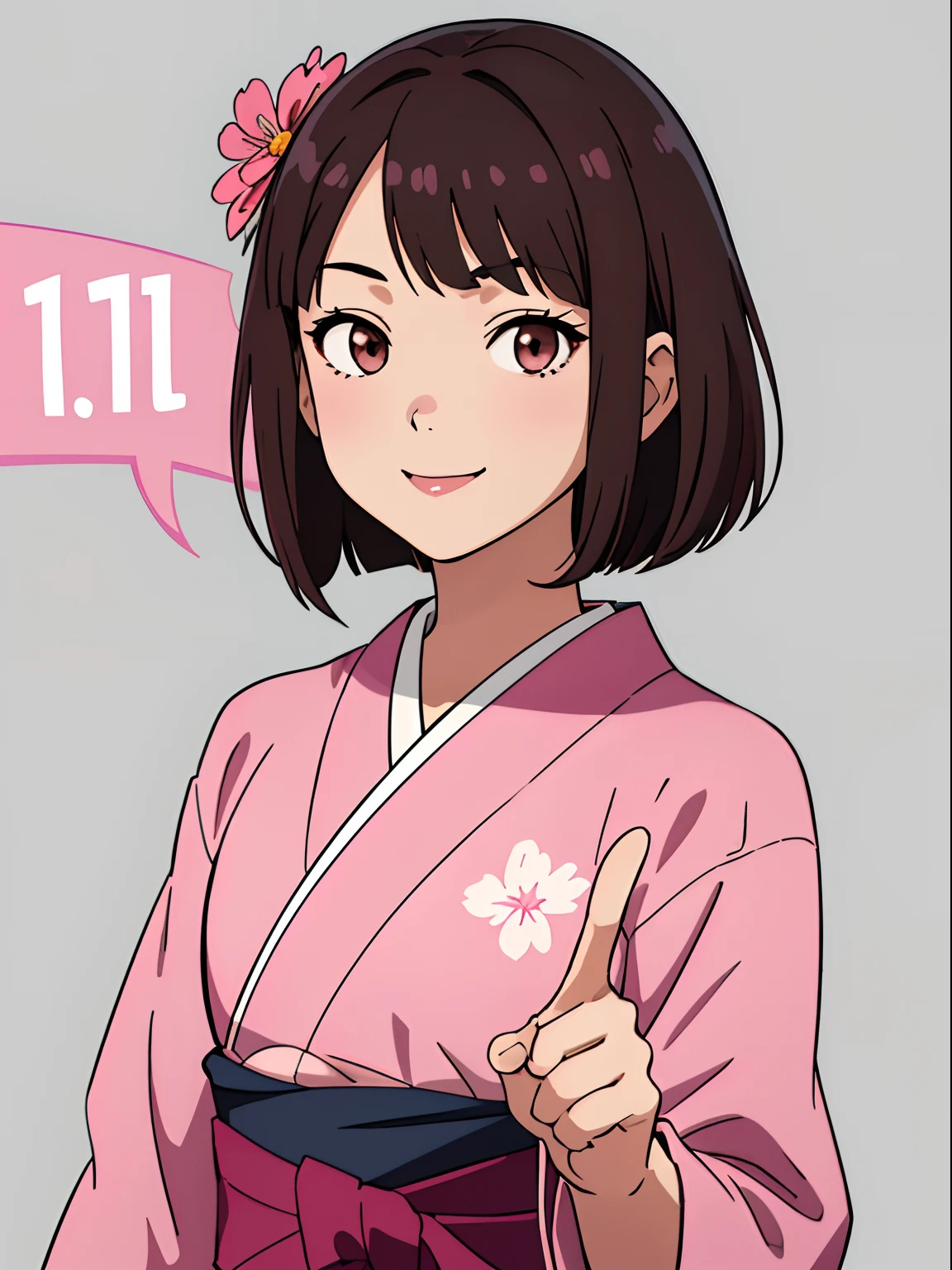 simple background、Gray background、1人の女性、(masterpiece、top-quality:1.2)、((facing front:1.2))、A smile、Aligned bangs、Bob Hair、dark brown hair、Floral hair ornament、The eye:Pink Brown、Young woman at 、((The upper part of the body:1.2))、Promotional Art、offcial art、Pink kimono、Pointing Pose