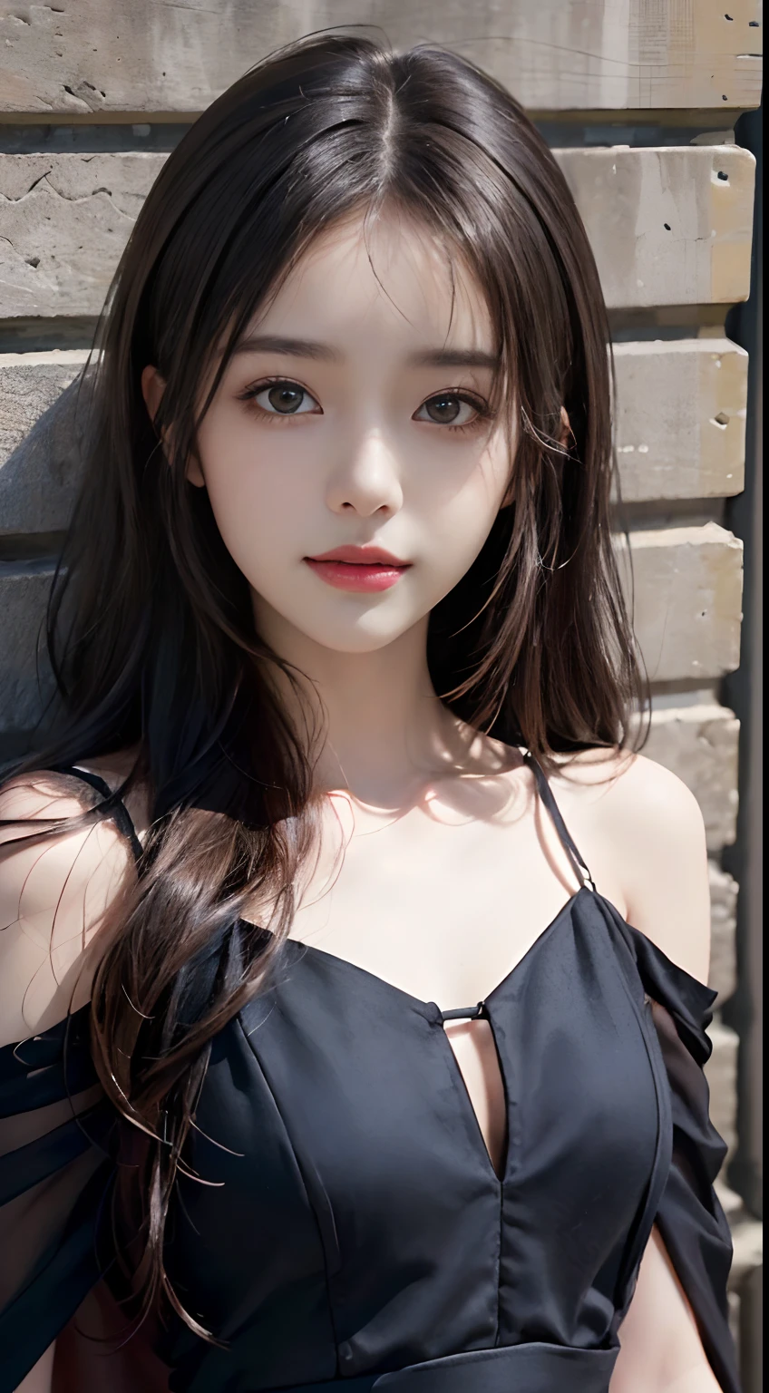 (ultra-realistic realism)、(illustratio)、(A high resolution)、(8K)、(The is very detailed)、(Best Illustration)、(Beautifully detailed eyes)、(top-quality)、(ultra - detailed)、(tmasterpiece)、(the wallpaper)、(A detailed face)、独奏、1 girl in、looking at viewert、finedetail、A detailed face、in the darkness nigth、deep shading、low tune、pureerosfaceace_V1、A smile、Long、Black shawl straight hair、46-point diagonal bangs, (Silk dress、long skirt)(cropped shoulders)The view of the castle、、Stand against the wall