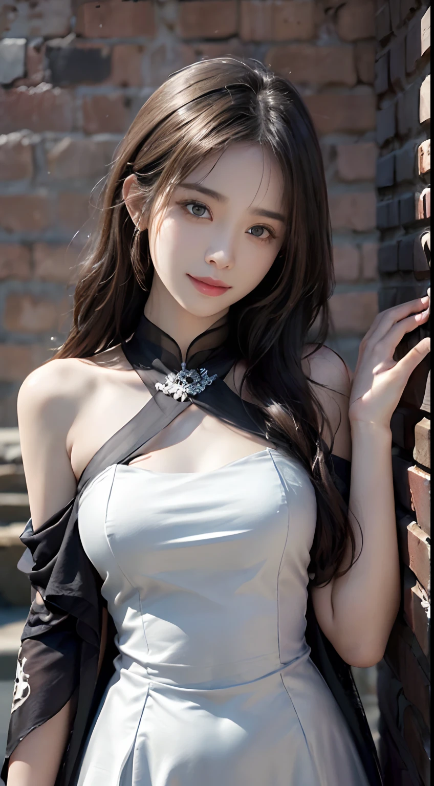 (ultra-realistic realism)、(illustratio)、(A high resolution)、(8K)、(The is very detailed)、(Best Illustration)、(Beautifully detailed eyes)、(top-quality)、(ultra - detailed)、(tmasterpiece)、(the wallpaper）、（A detailed face）、独奏、1 girl in、looking at viewert、finedetail、A detailed face、in the darkness nigth、deep shading、low tune、pureerosfaceace_V1、A smile、Long、Black shawl straight hair、46-point diagonal bangs,　（Silk dress、long  skirt）(cropped shoulders）The view of the castle、、Stand against the wall