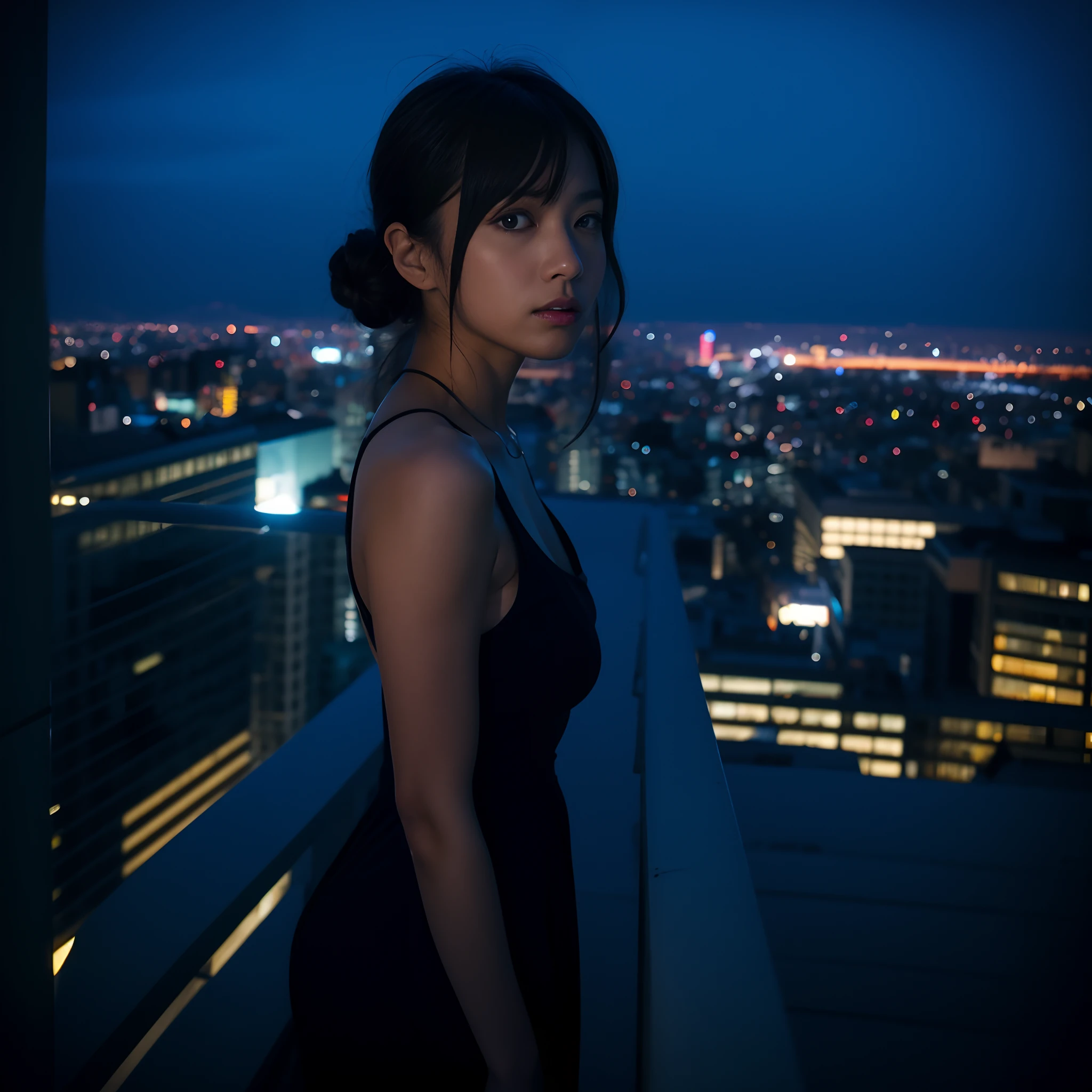 Woman in Alafe standing in front of window with city view, shot with Canon EOS R 5, photographed in a Canon EOS R5, 『Cyberpunk Knight』On the rooftop, portrait of a japanese , Shot with Canon EOA 6 D Mark II, on rooftop tokyo night, calm night. over shoulder shot, Anime style mixed with Fujifilm, Photos taken at the Blue Hour