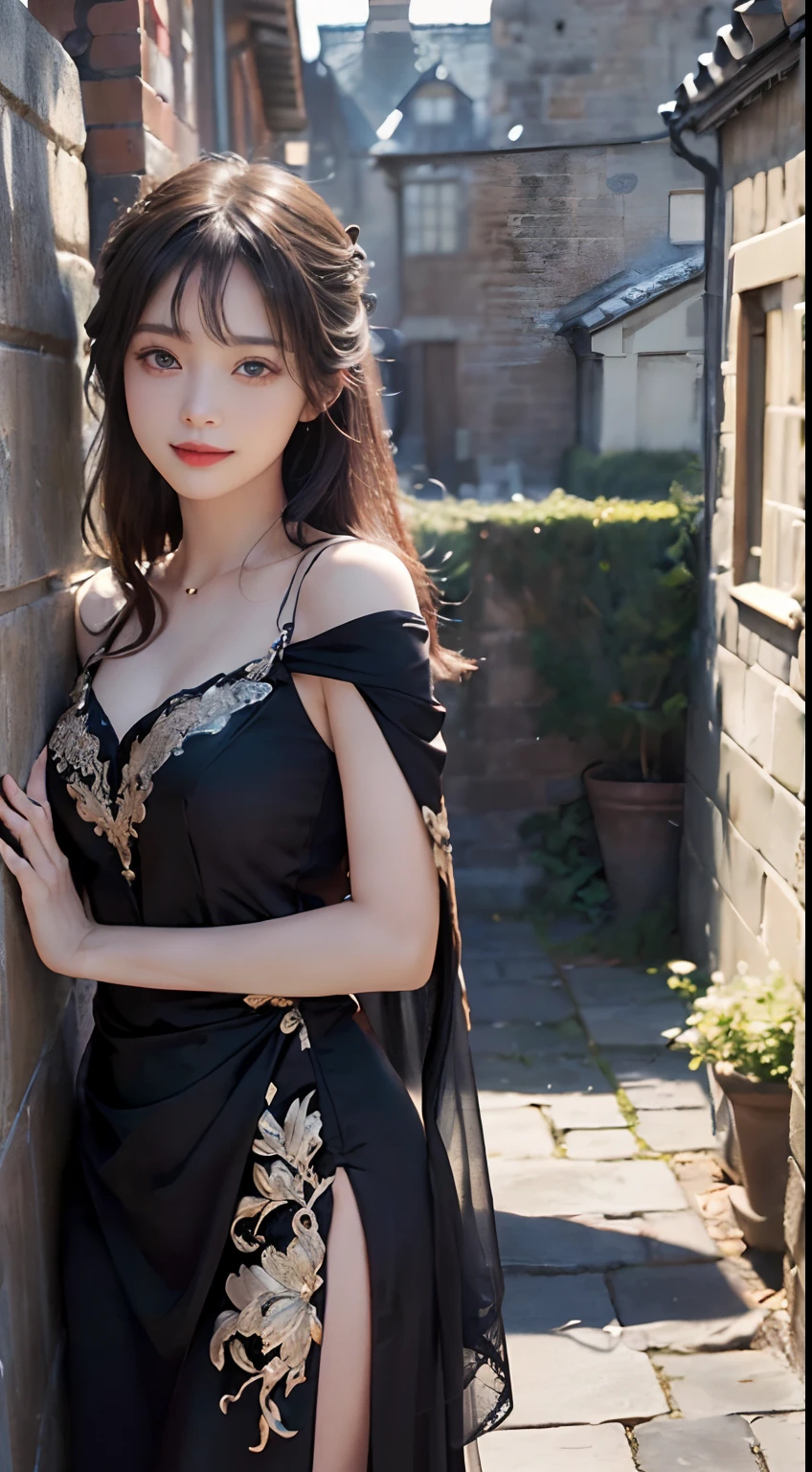masterpiece, The best quality, Ultra-high resolution, High detail photo, Unity 8K Wallpaper, Extremely detailed CG:1.2), depth of field, bokeh, (RAW photo:1.realistic photography:1.4), (1girl:1.5), young, physically based representation, beautiful, (Finely detailed face:1.4, detailed clothing), (detailed:1.4) named (Eimi Fukada:1.1) BREAK Cara hermosa, depth of field, Add layer, hyperrealistic, 27 years old, perfect body model, perfect breasts, 175cm tall, pose sexy, full body, Whole body, Model Body Type, BREAK (extreme skin details:1.1), skin details, (sorcerer costume:1.3), double eyelid BREAK smile, seductive pose, standing, standing outside, medieval house, outdoor, medieval style, (castle:1.3), (close up:0.3), Nikon Z7 II camera, Fuji Velvia 50 film, 50mm lens, high saturation,