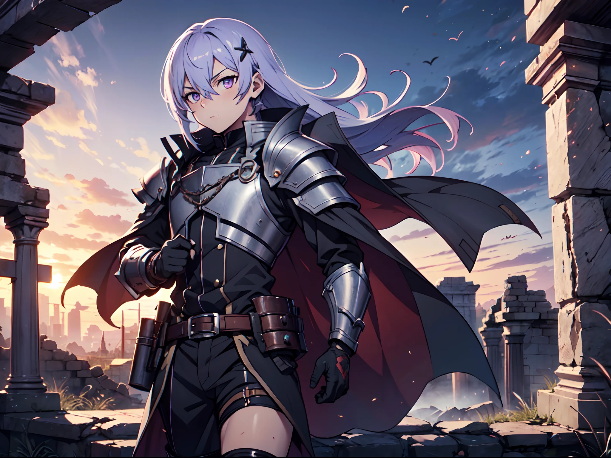 Ultra High Definition, Ultra High Quality, Extremely Detailed, 8k, 1 Boy, Rudeus Greyrat From Mushoku Tensei Anime, Handsome, Armored With War General Armor, Pure Purple Pupil Eyes, Long Haired Tied With Chinese Hairpin, Body To Legs Body Shot, Ancient Ruins Background,