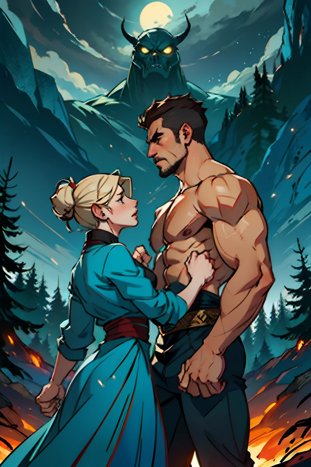 1 blonde girl, 1 brunet man with beard, adventurers, kiss on the cheek, jungle background, ancient ruins, (male and female), (masterpiece:1.2, best quality), dynamic lighting, (correct anatomy), a high resolution, (beautiful detailed faces), (detailed beautiful eyes: 1.2), (detailed 8k wallpaper, masterpiece, best quality, best shadow), (detailed background), Photoshoot, Depth of Field, Blur Effect, F/22, 2.5D, Full-HD, (Unreal Engine), (Artstation), Rim Lighting, Studio Lighting, Anti-Aliasing