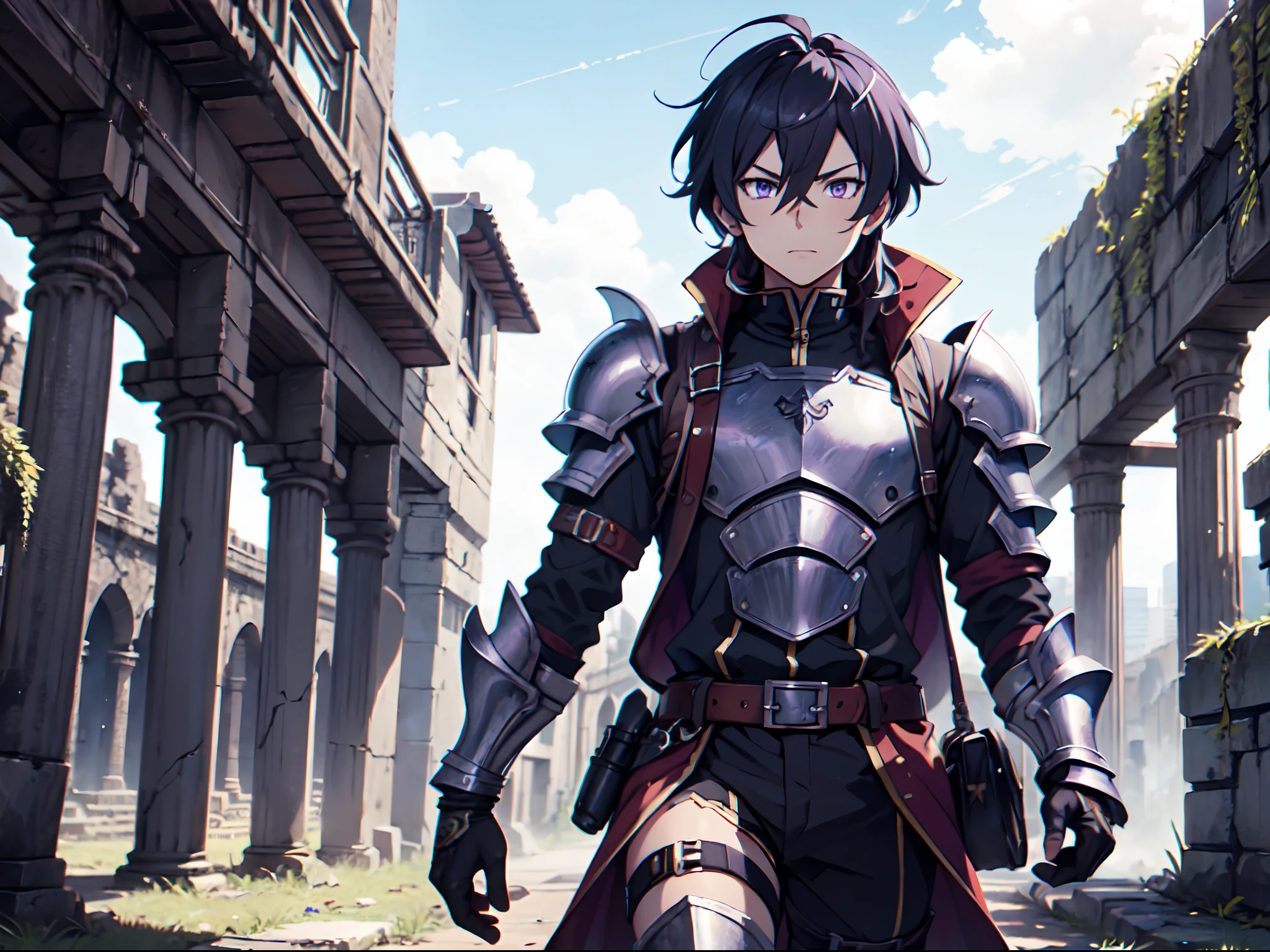 Ultra High Definition, Ultra High Quality, Extremely Detailed, 8k, 1 Boy, Rudeus Greyrat From Mushoku Tensei Anime, Handsome, Armored With War General Armor, Pure Purple Pupil Eyes, Long Haired Tied With Chinese Hairpin, Body To Legs Body Shot, Ancient Ruins Background,
