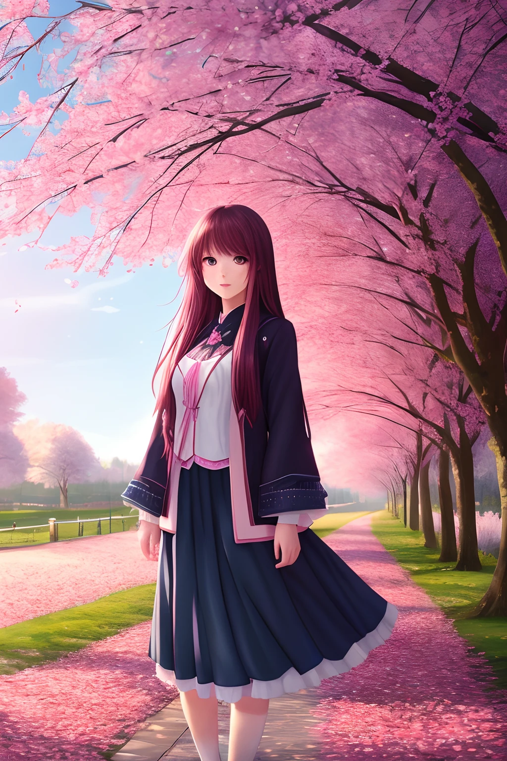 (masterpiece), (best quality), (extremely detailed), (8k wallpaper), anime girl with long hair, beautifull, she is looking at the viewer, walking in the park with cherry blossom trees, pink atmosphere, sun shining, digital illustration, HDR, trending on artstation, art by midjourney